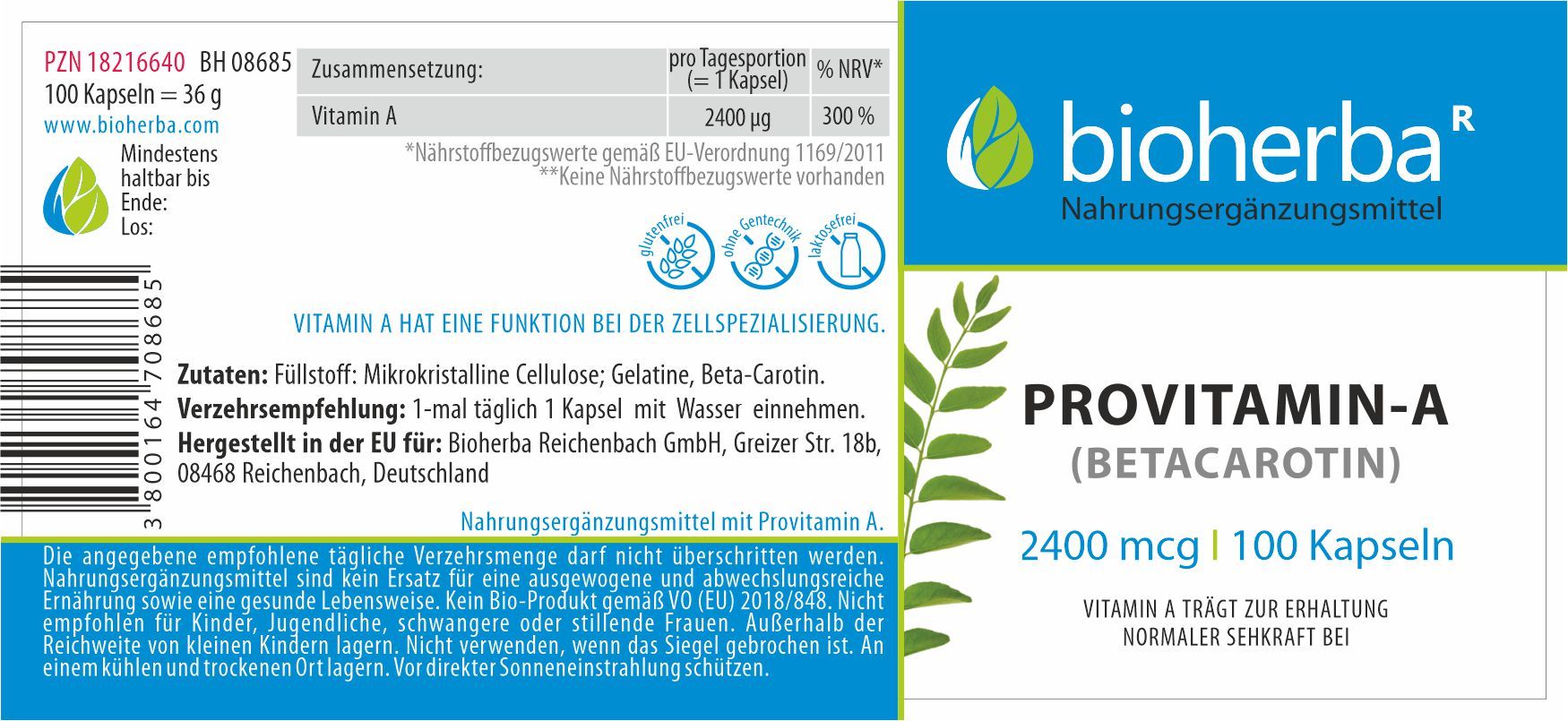 Etikett mit Produktinformationen. Enthält Angaben zu Inhaltsstoffen, Dosierung und Hersteller. Der Name des Produkts ist Provitamin-A (Betacarotin).