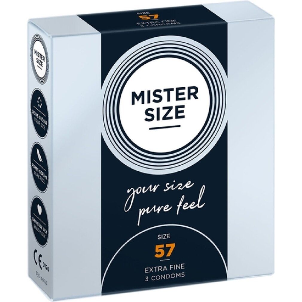 Weiße Schachtel mit Produktinformationen. Aufschrift: MISTER SIZE, SIZE 57, 3 Kondome. Text: your size pure feel. Extra Fine.