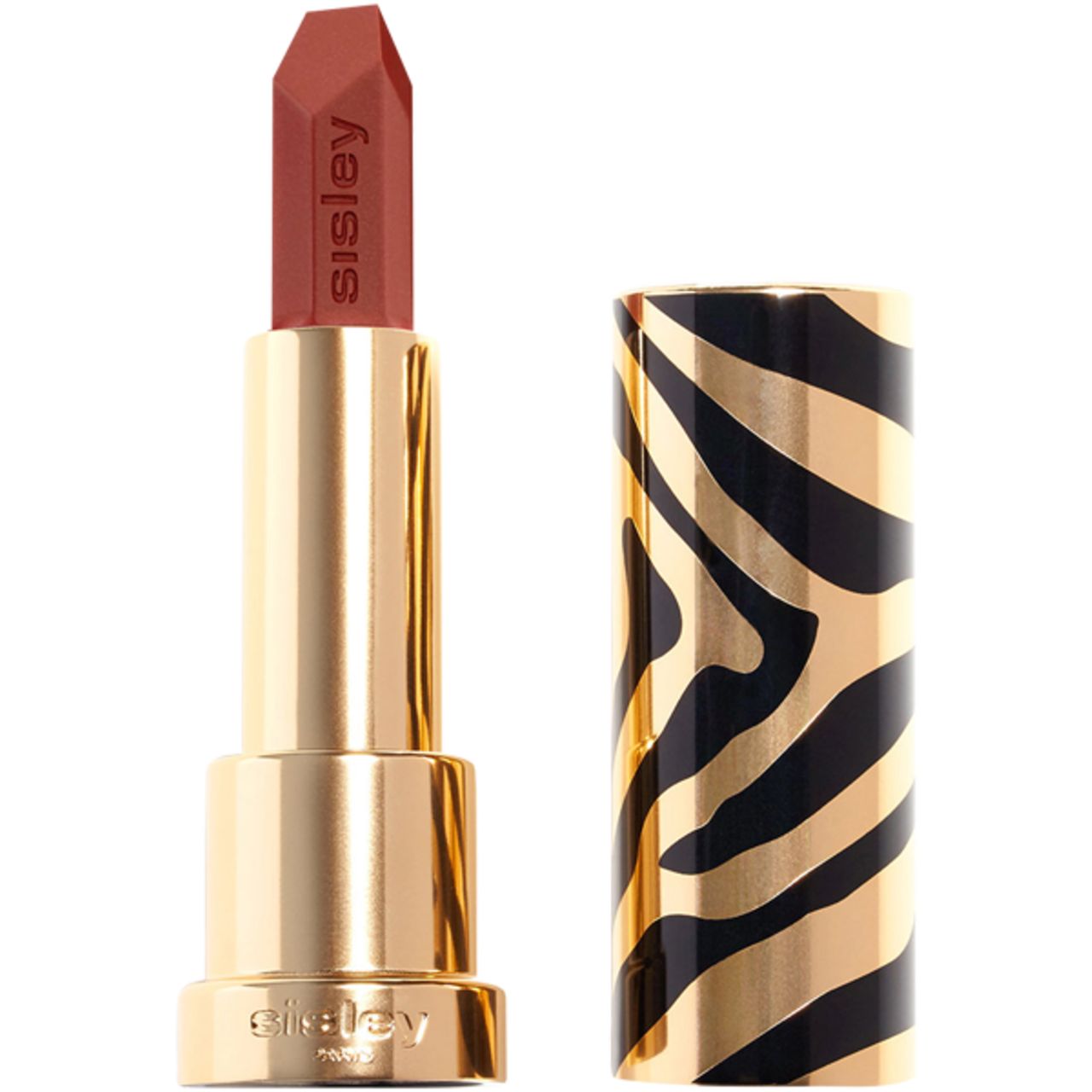 Lippenstift mit goldfarbener Hülse und Zebra-Muster. Der Lippenstift ist geöffnet und zeigt eine rote Mine mit dem Markennamen.
