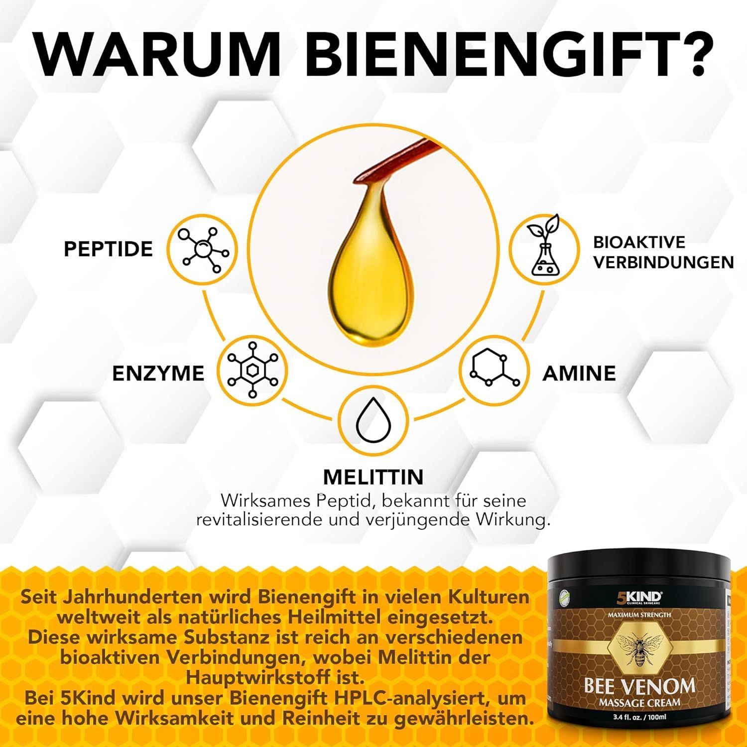 Dunkle Dose mit goldfarbenem Etikett. Text: Bee Venom Massage Cream. Diagramm mit Tropfen und Inhaltsstoffen.