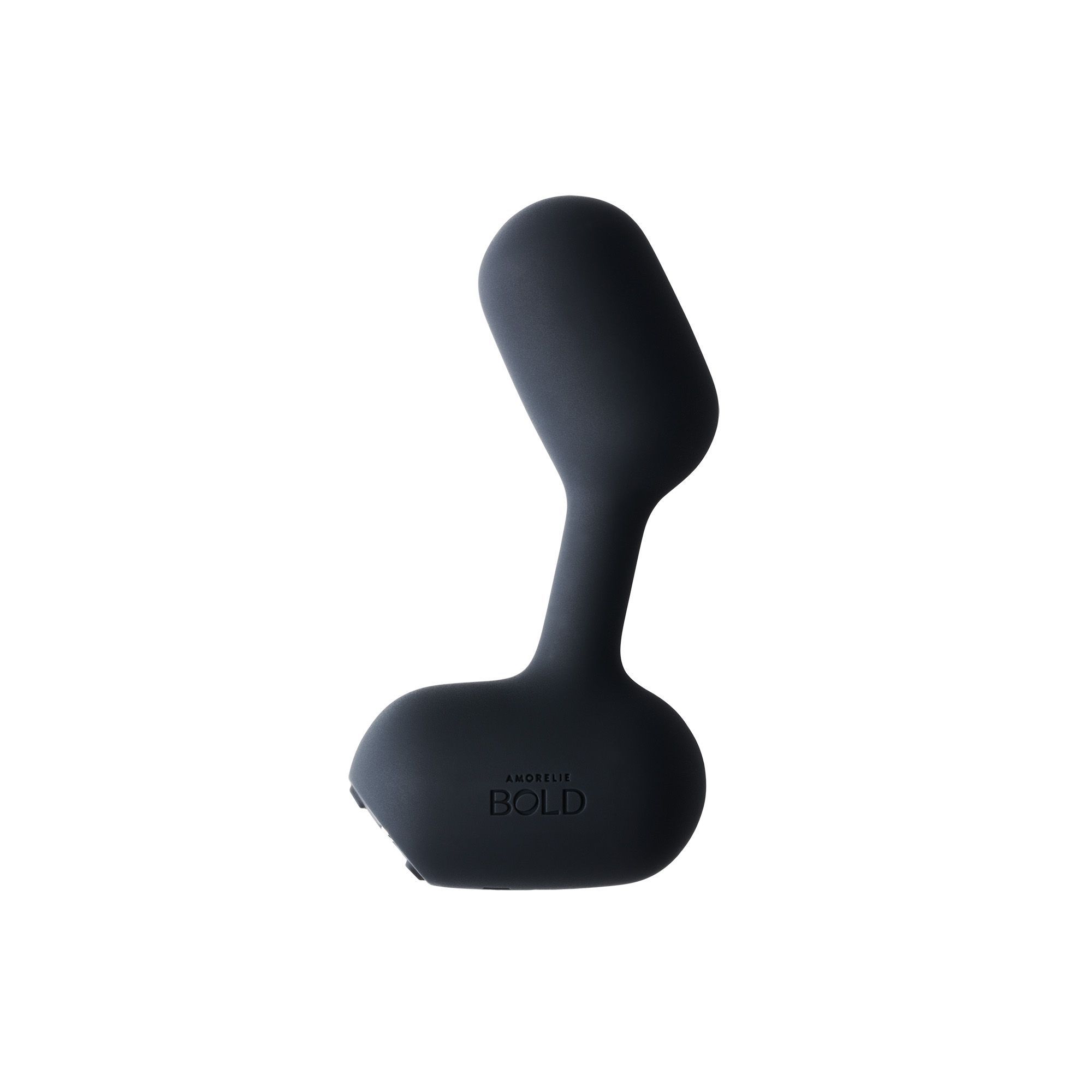 Schwarzes Wellness-Produkt mit AMORELIE BOLD-Logo. Ergonomische Form.
