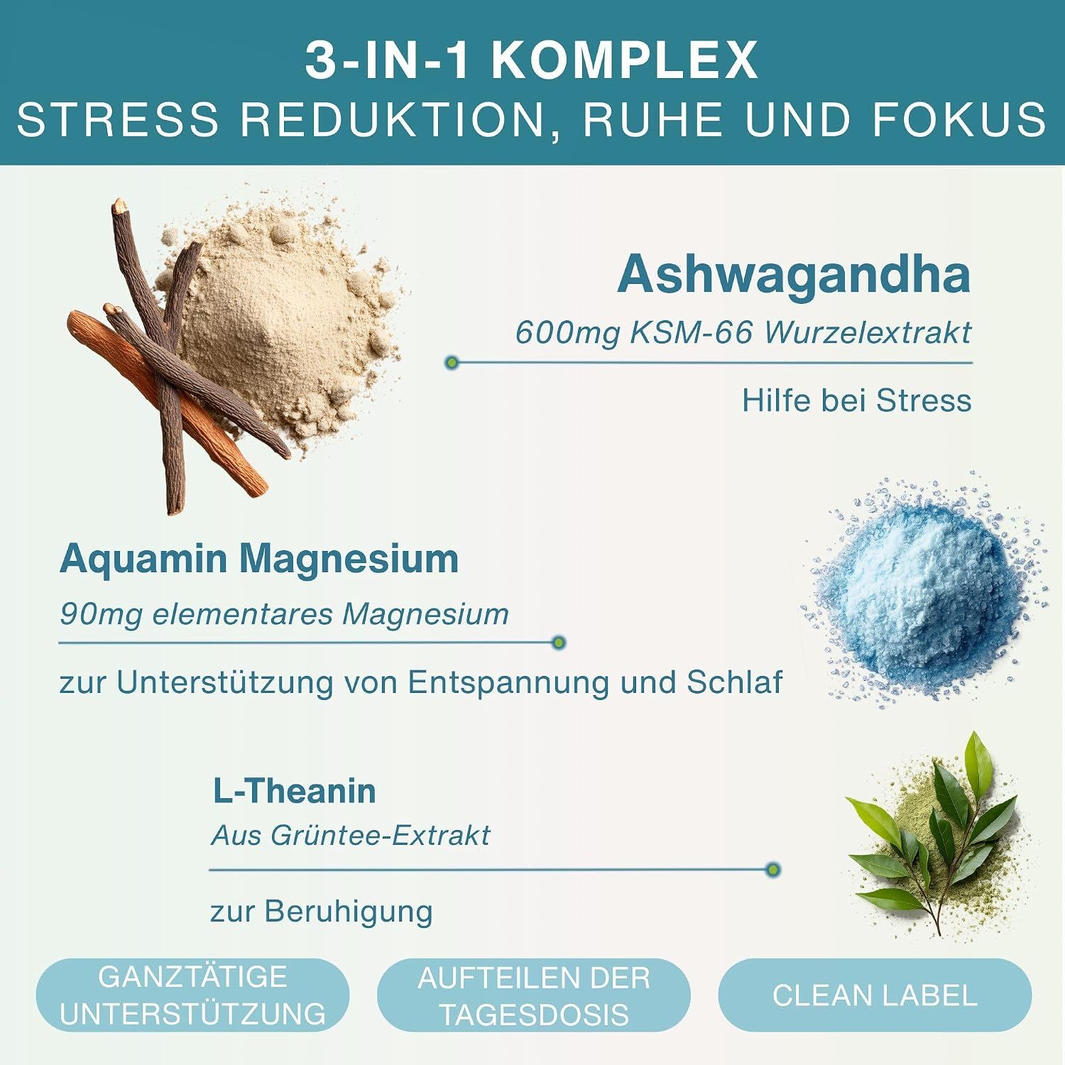Grafik: 3-in-1 Komplex mit Ashwagandha, Aquamin Magnesium und L-Theanin.