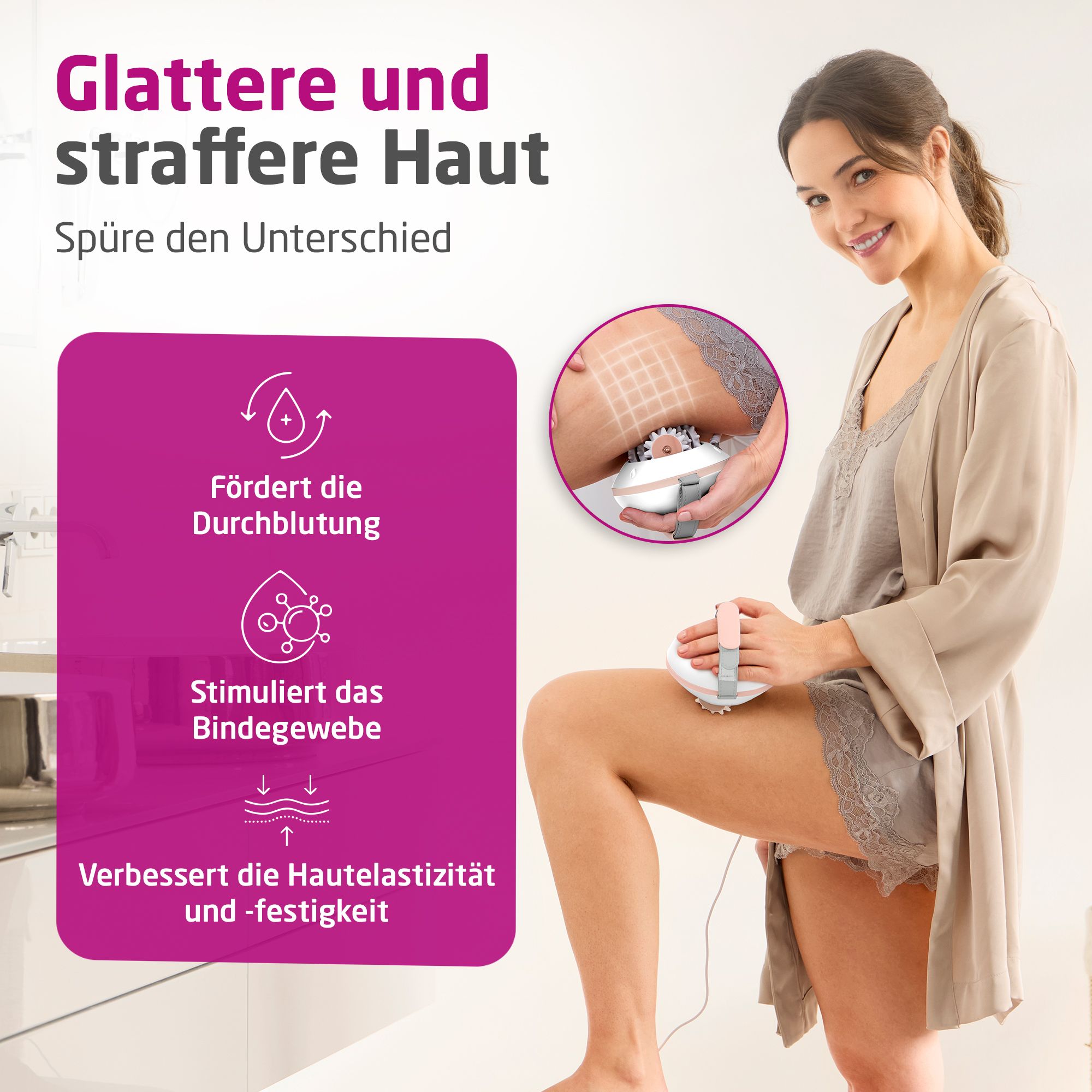 Frau mit Massagegerät am Oberschenkel, mit Icons für Durchblutung und Bindegewebe.