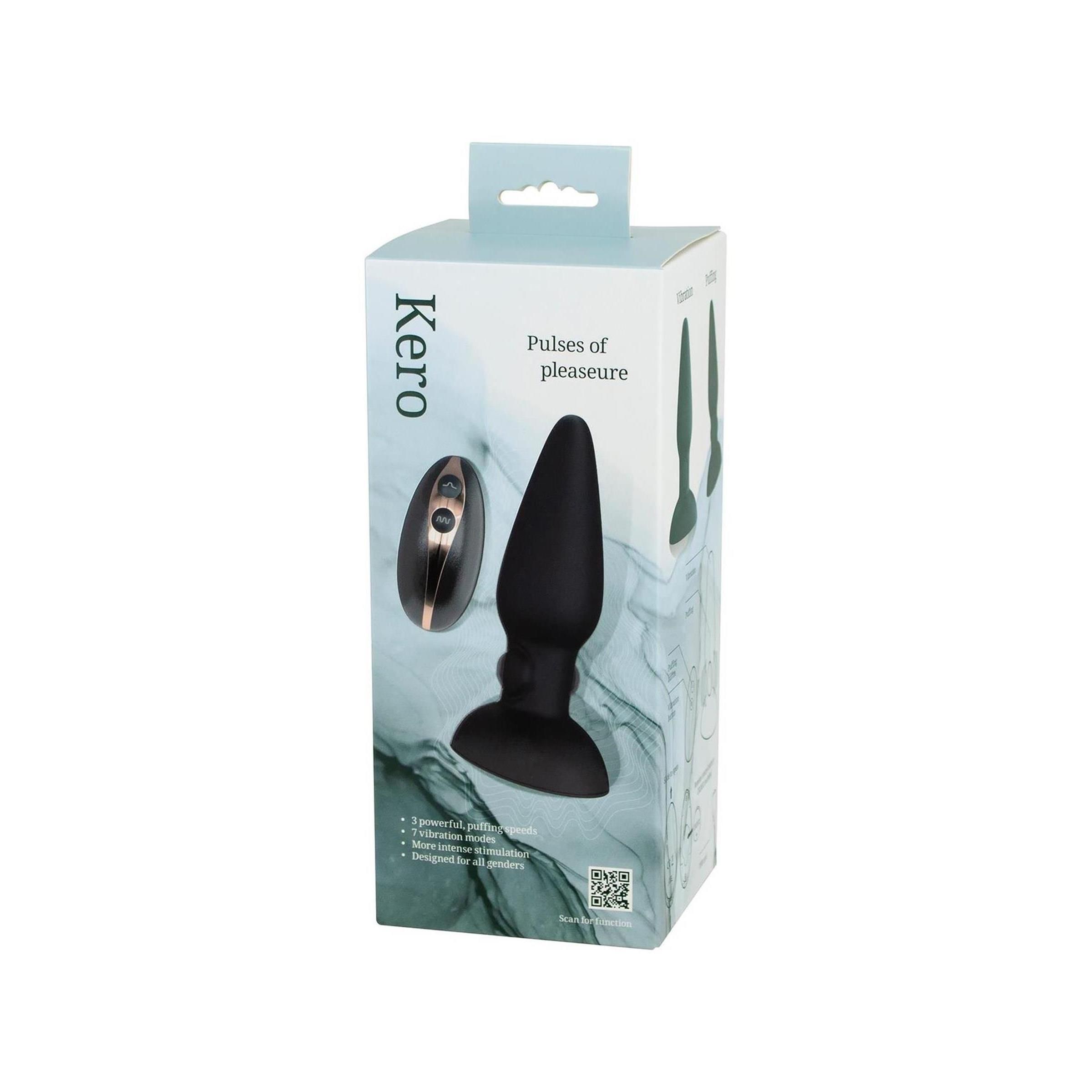 Schwarzer Silikon-Butt Plug und Fernbedienung in Verpackung. Marke Kero. Text: "Pulses of pleasure".
