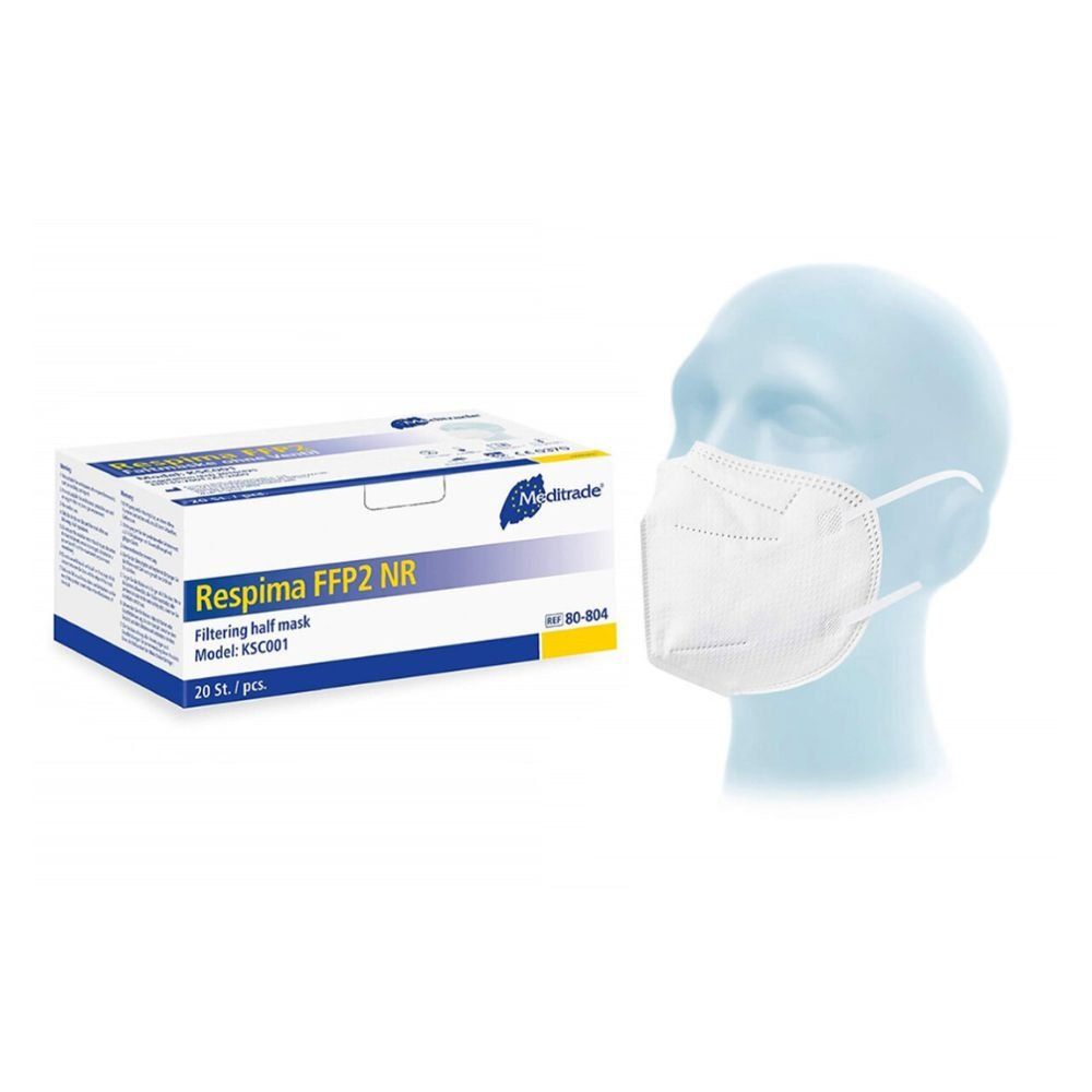 Weiße FFP2-Atemschutzmaske auf einem blauen Kopfmodell. Daneben eine Schachtel mit der Aufschrift Respima FFP2 NR, 20 Stück.