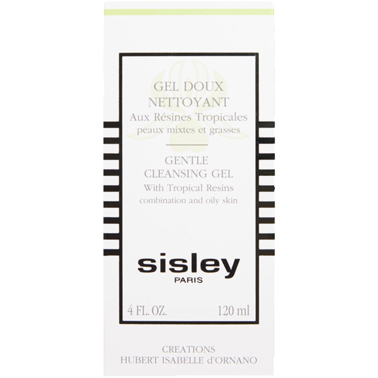 Weiße Verpackung von Sisley Gel Doux Nettoyant. Schwarze und weiße Streifen. Produktname und Text in Schwarz.