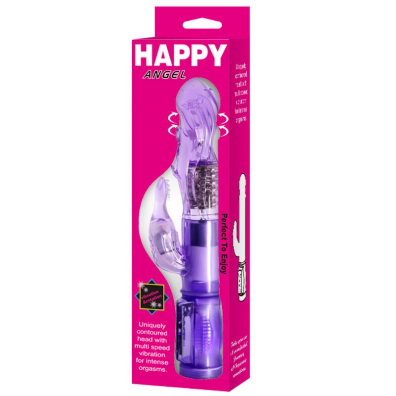 Verpackung mit lila Vibrator. Produktname: HAPPY ANGEL. Abbildung des Produkts. Rosa-weißer Hintergrund. Text: Perfect To Enjoy.