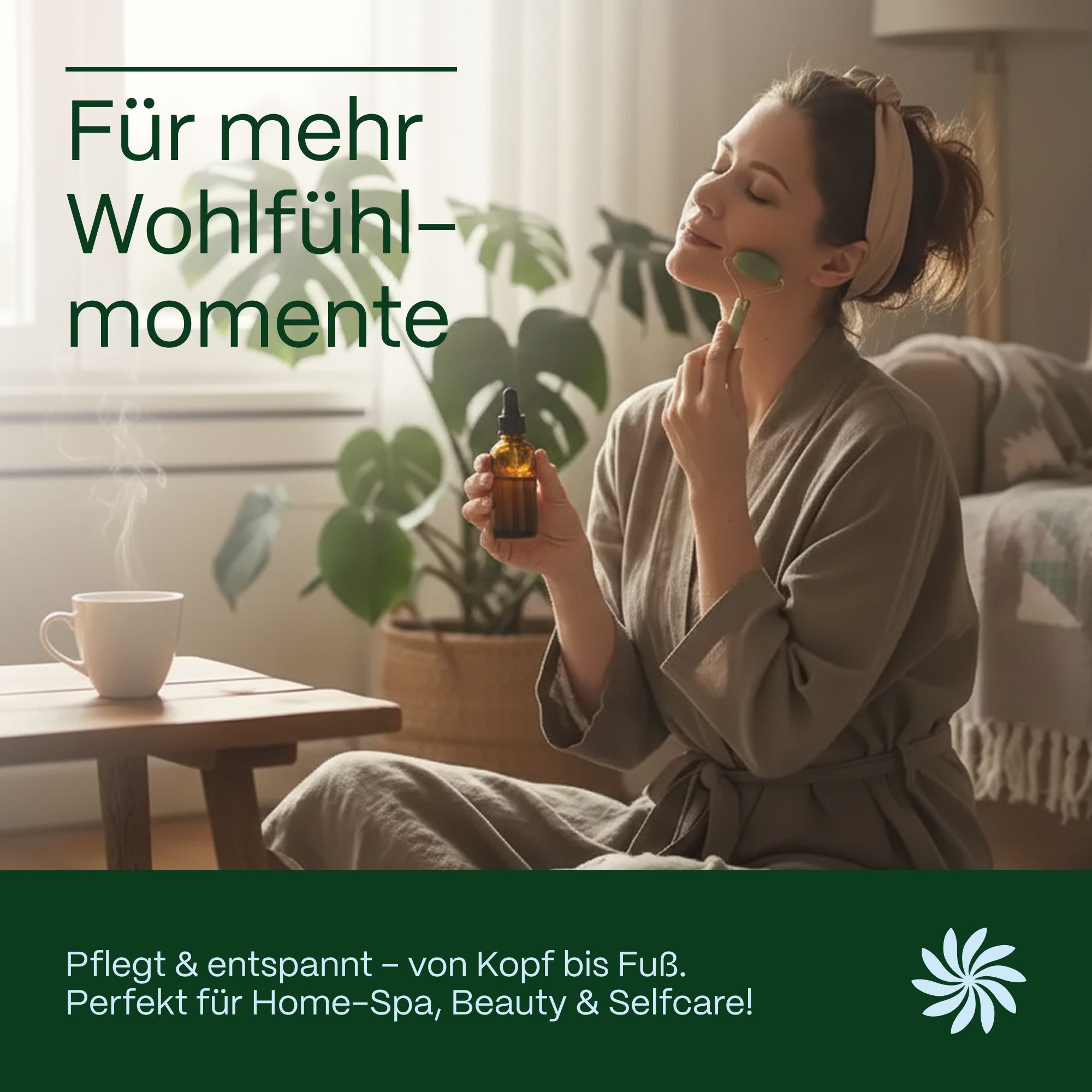 Frau entspannt mit einem Jade-Roller und einem Fläschchen Öl, mit Text 'Für mehr Wohlfühl-Momente'.