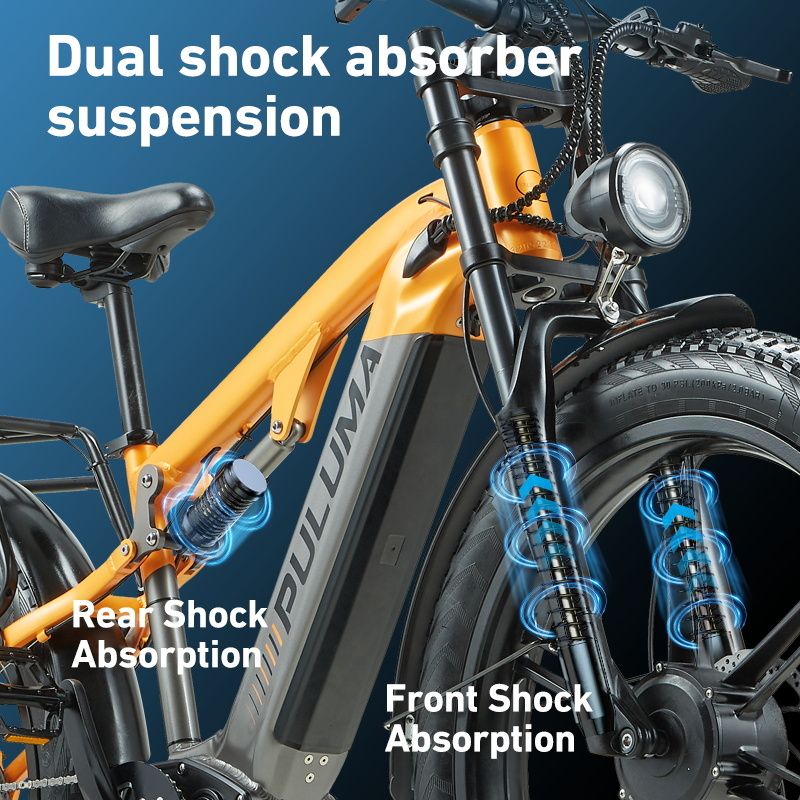 Elektrofahrrad mit Dual-Stoßdämpfer-Federung. Vorder- und Hinterradaufhängung. Gelb-schwarzes Design.
