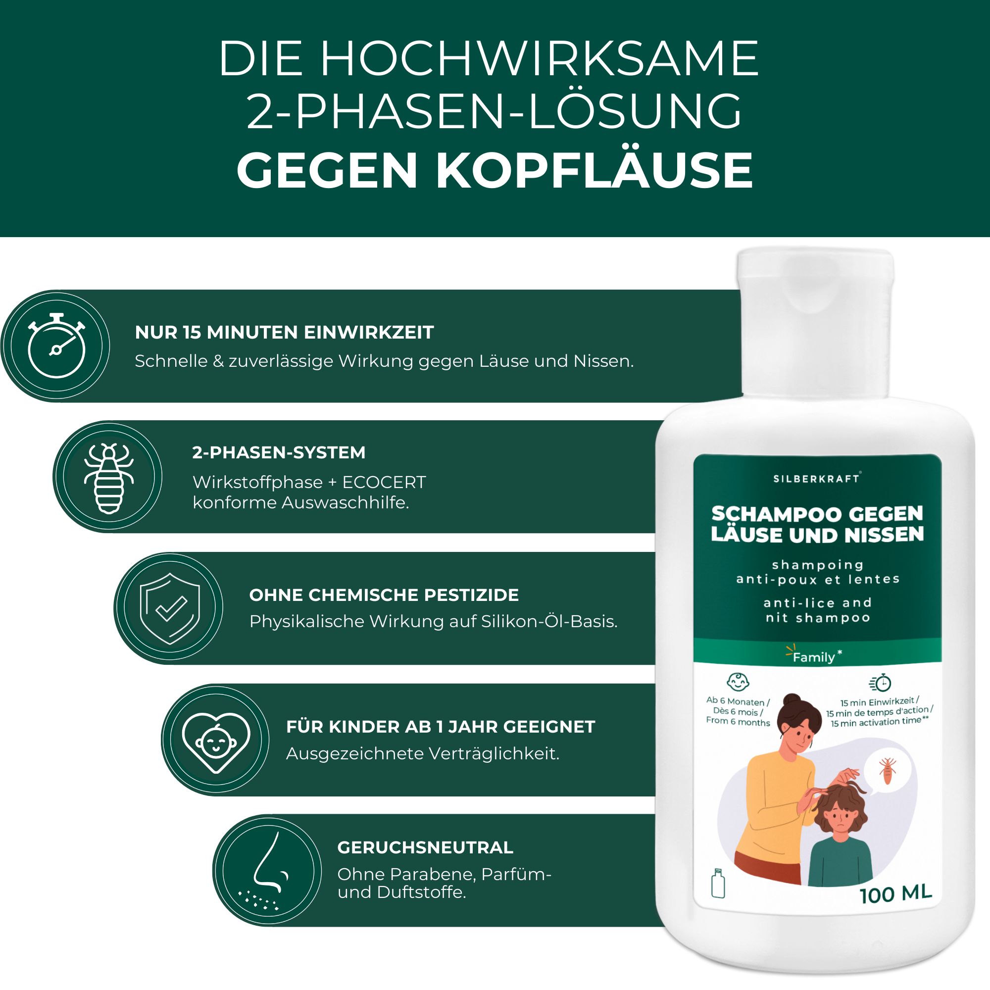Flasche SILBERKRAFT Shampoo gegen Läuse und Nissen. Text: 2-Phasen-Lösung, ohne chemische Pestizide, für Kinder ab 1 Jahr.