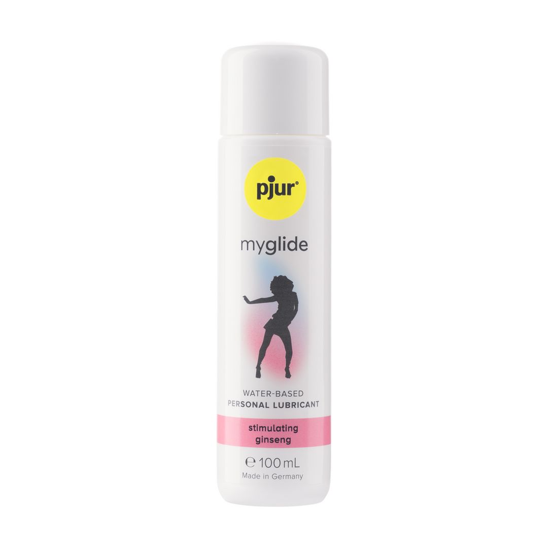 Weiße Flasche mit gelbem Deckel. Aufschrift: pjur myglide, Abbildung einer Person, rosa Streifen, Text.