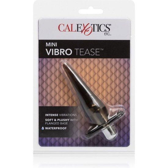 Verpackung mit Analplug. Schwarzer Plug mit Basis. Text: Calexotics, Mini Vibro Tease, Intense Vibrations, Waterproof.