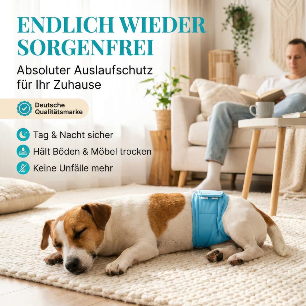 Hund liegt auf Teppich, trägt blaue Windel. Mann sitzt auf Sofa. Text: Tag & Nacht sicher, hält Böden & Möbel trocken.