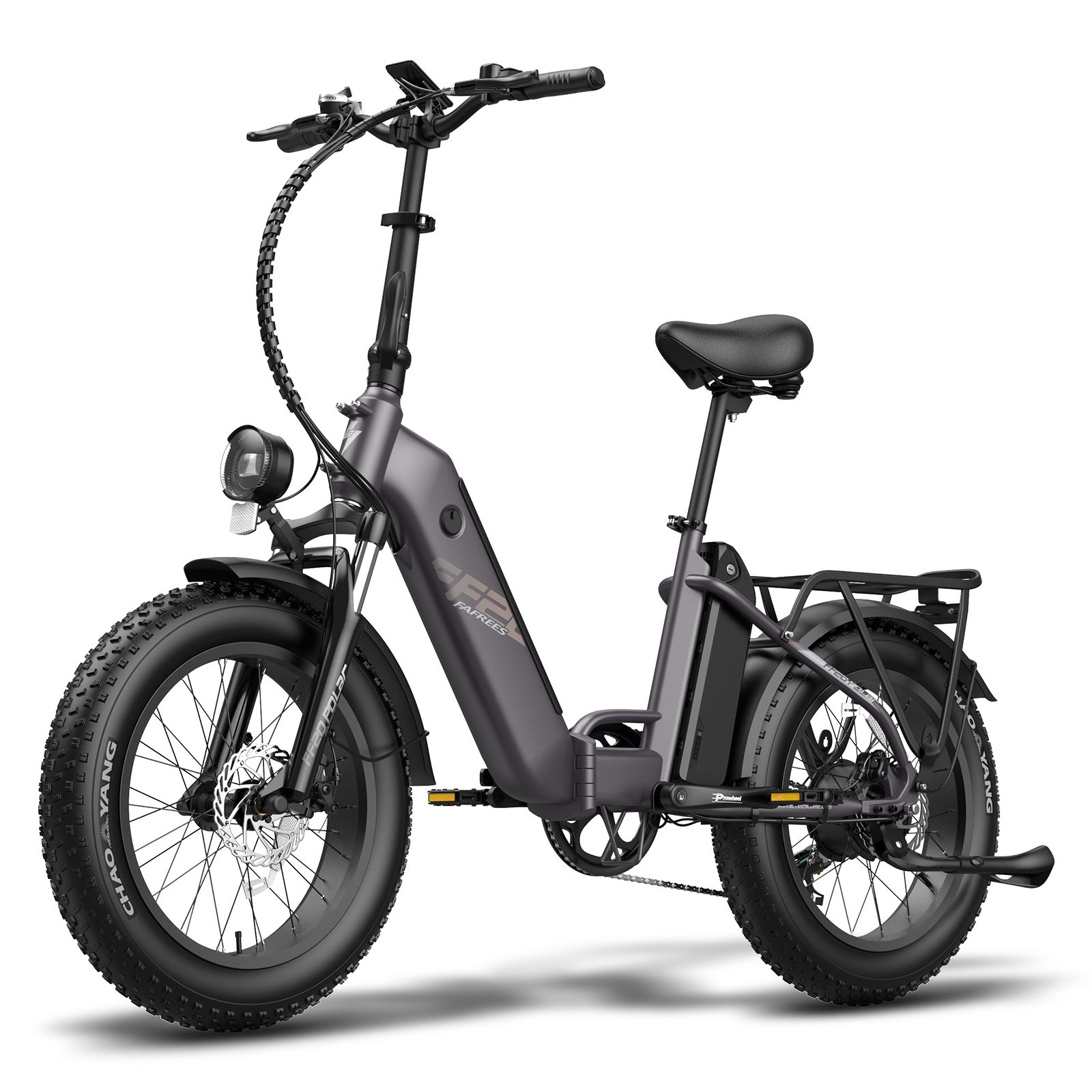 Graues Klapp-E-Bike mit breiten Reifen, Gepäckträger und Scheinwerfer. Akku am Rahmen.