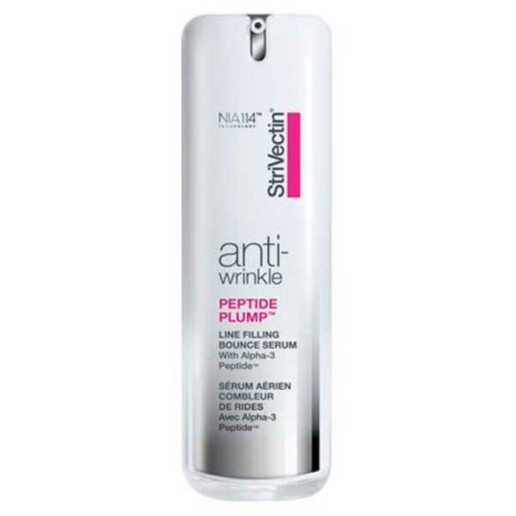 Weißes Serum mit Sprühkopf. Aufschrift: anti-wrinkle, PEPTIDE PLUMP, Strivectin. Lila Akzent. Flasche steht.