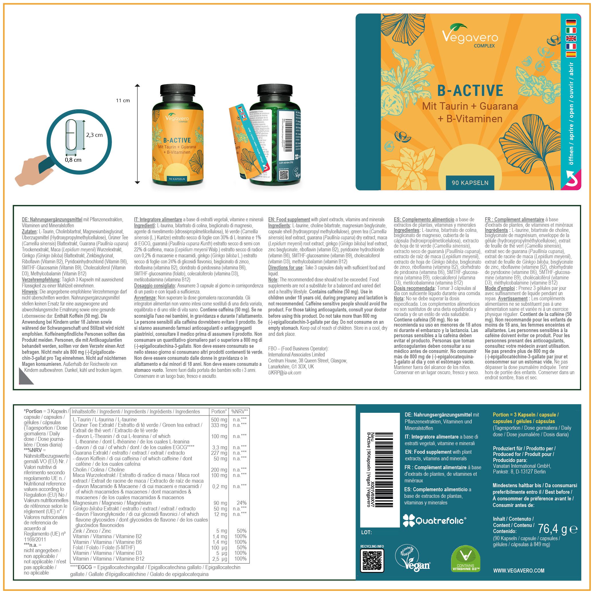 Produktverpackung mit Informationen. Enthält eine Flasche B-ACTIVE, eine Packungsbeilage und eine Schachtel. Details zu Inhaltsstoffen und Nährwerten.