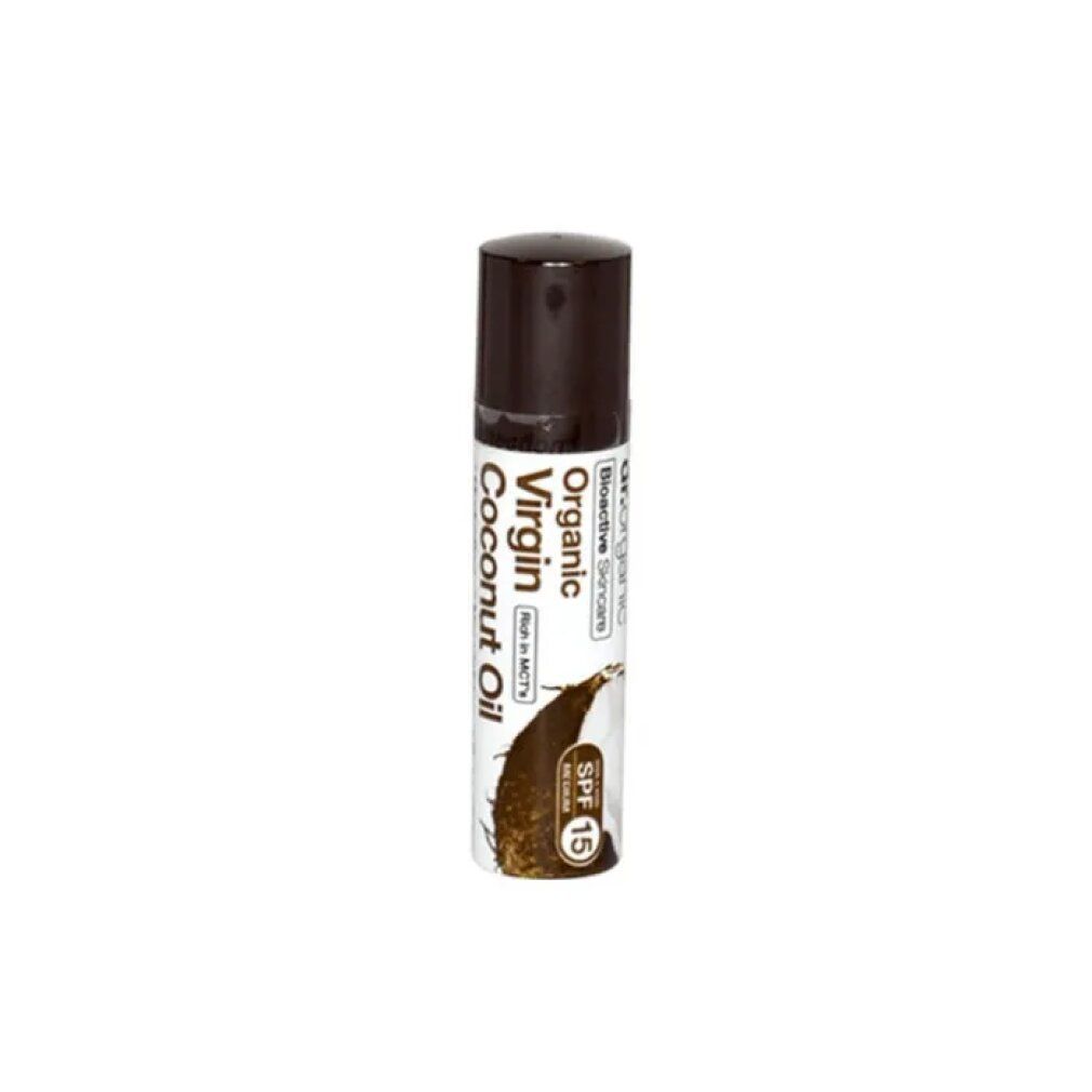 Lippenbalsam mit braunem Deckel. Aufschrift: Organic Virgin Coconut Oil, SPF 15. Kokosnuss-Illustration.