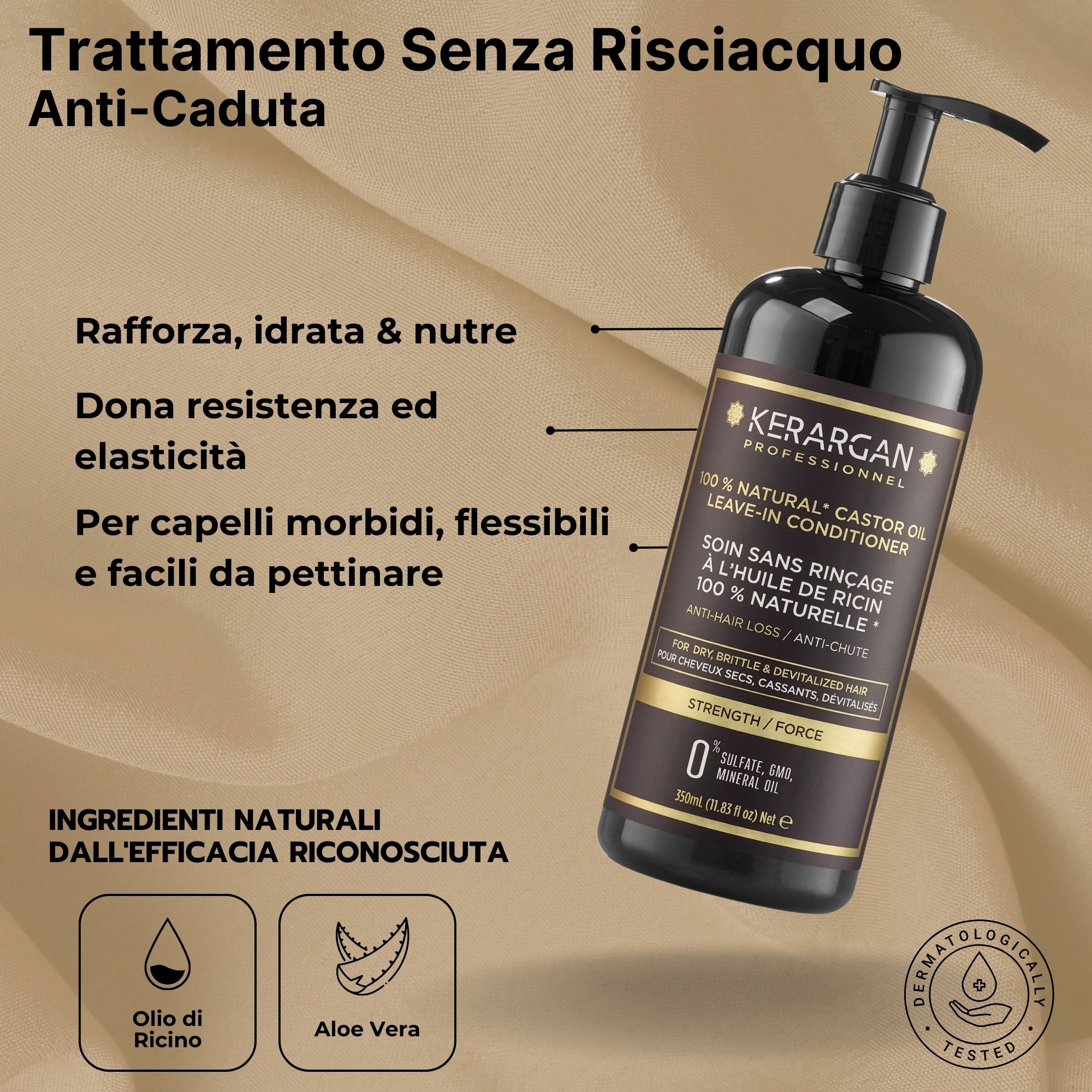 Flacone nero Kerargan Leave-in Conditioner. Testo: 100% olio di ricino naturale. Anti-caduta.