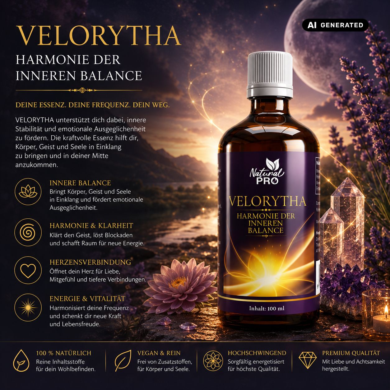 Braune Glasflasche mit Velorytha Essenz, harmonische Beleuchtung, Berge und Mond im Hintergrund.