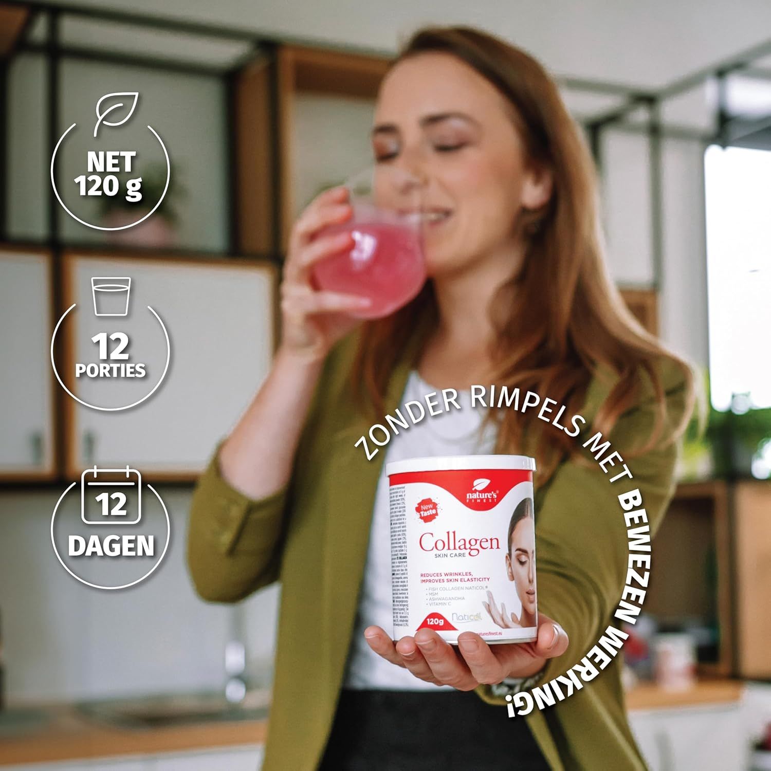 Vrouw houdt pot "Kollagen SkinCare" vast. Tekst: "Zonder rimpels met bewezen werking!". 12 porties, 12 dagen.