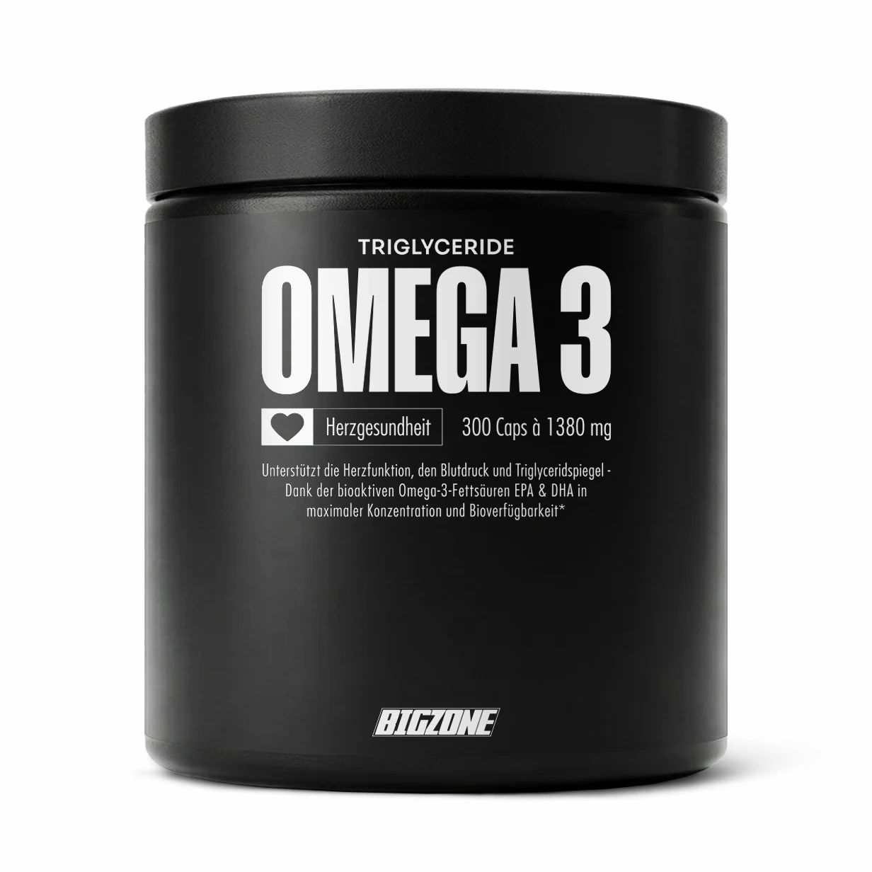 Schwarze Dose mit 'OMEGA 3' und 'Herzgesundheit'. 300 Kapseln, 1380 mg. 'BIGZONE' Logo.