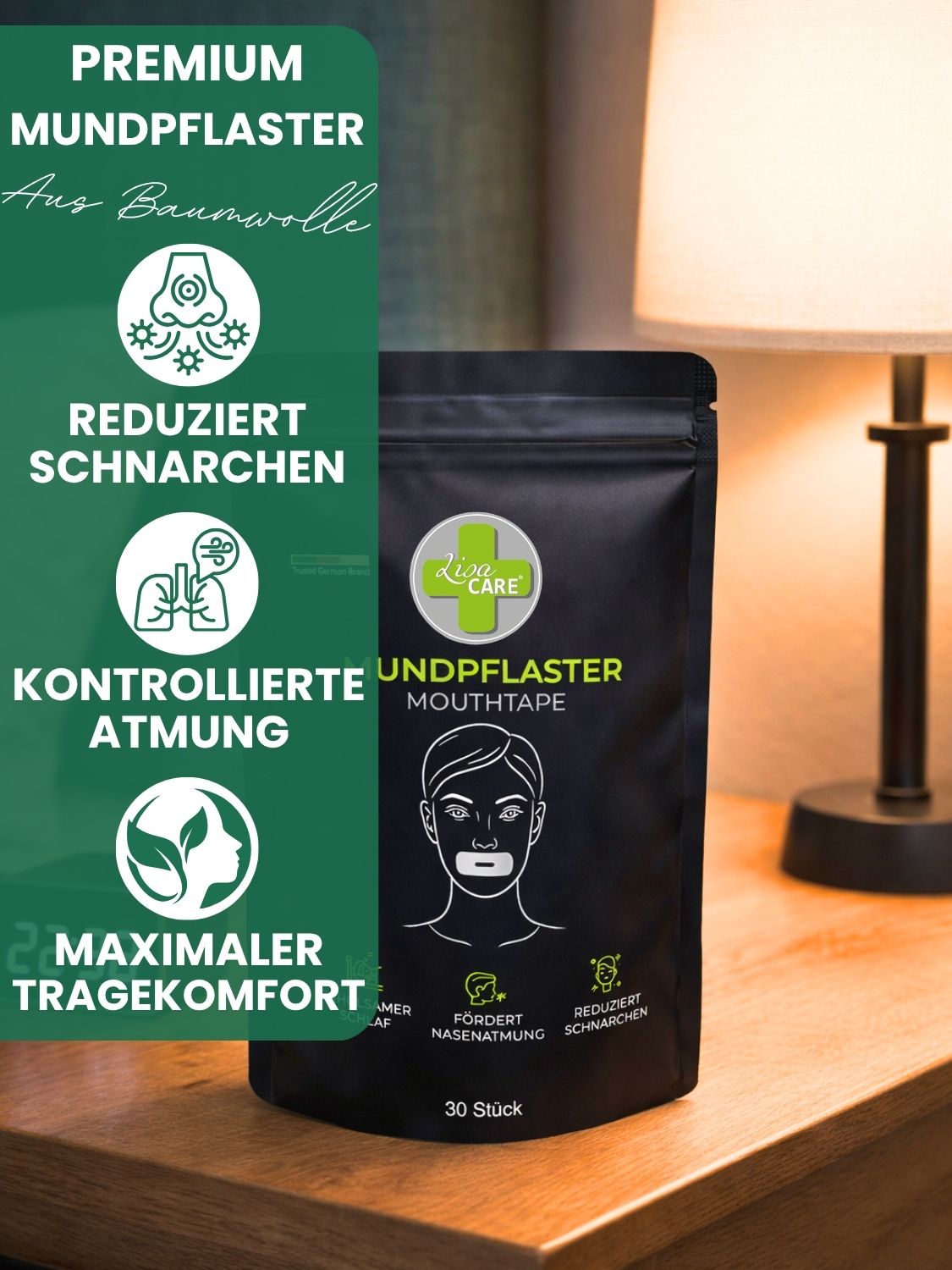 LisaCare Mundpflaster: "Reduziert Schnarchen", "Kontrollierte Atmung", "Maximaler Tragekomfort".