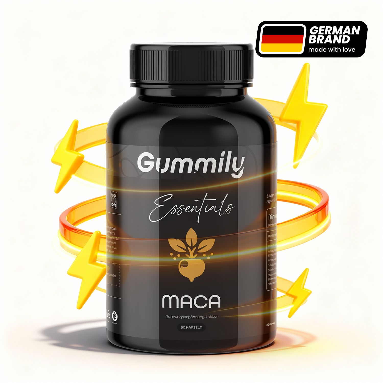 Schwarze Flasche mit Gummily Essentials Maca Kapseln. Gelbe Blitze umgeben die Flasche. Deutsches Markenlogo.