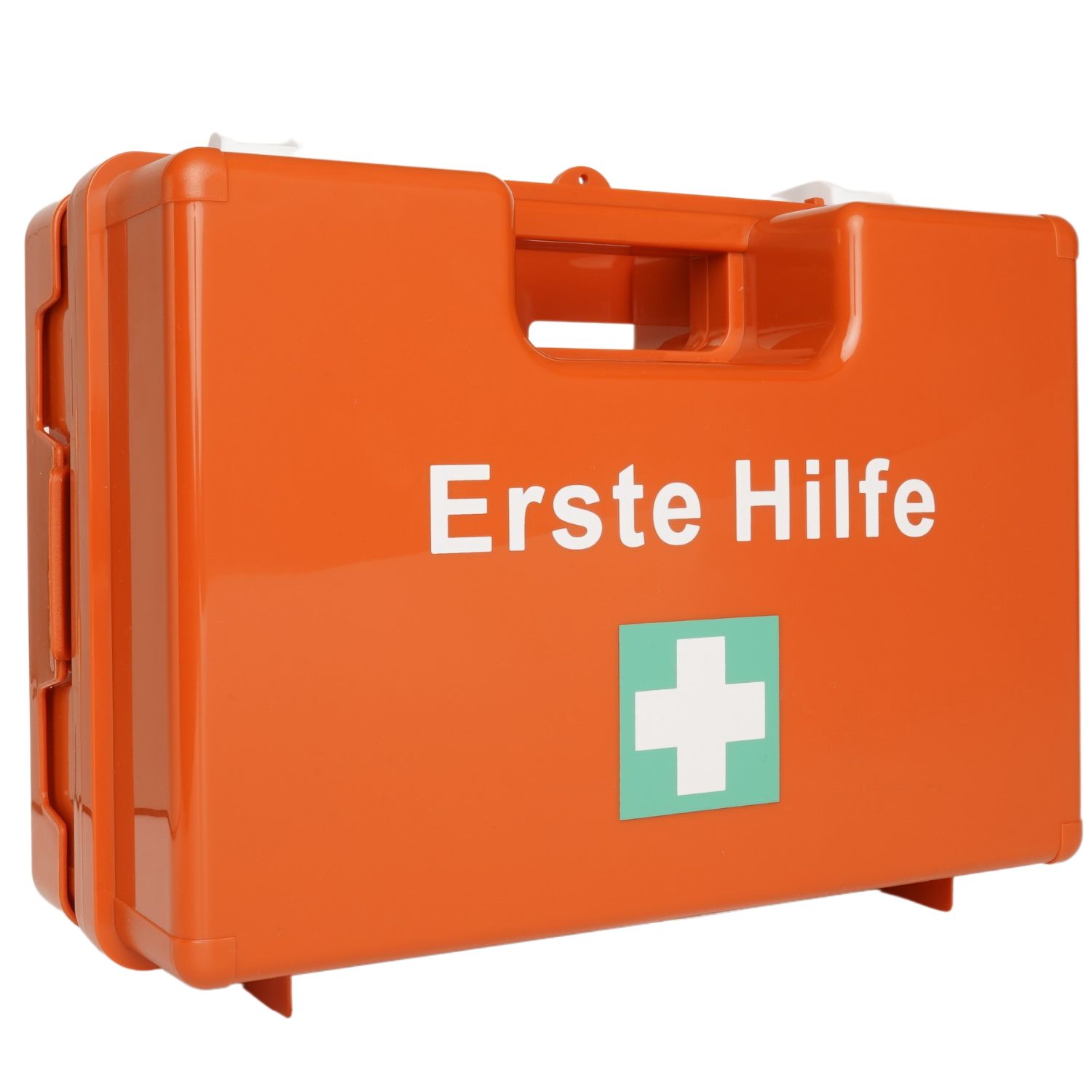 Orange Erste Hilfe Koffer mit weißem Kreuz und Schriftzug "Erste Hilfe". Griff oben. Rechteckige Form.