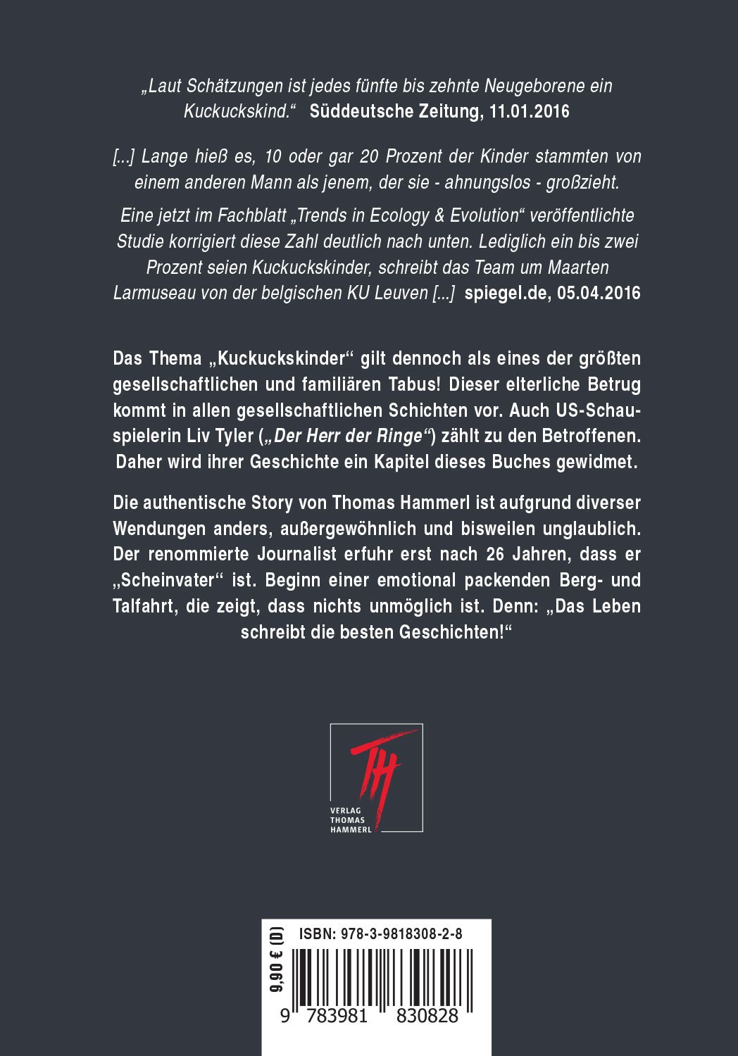 Buchrücken mit Text. Titel: "(K)ein Vater". Autor: Thomas Hammerl. Verlag Logo unten. ISBN-Code und Preis.