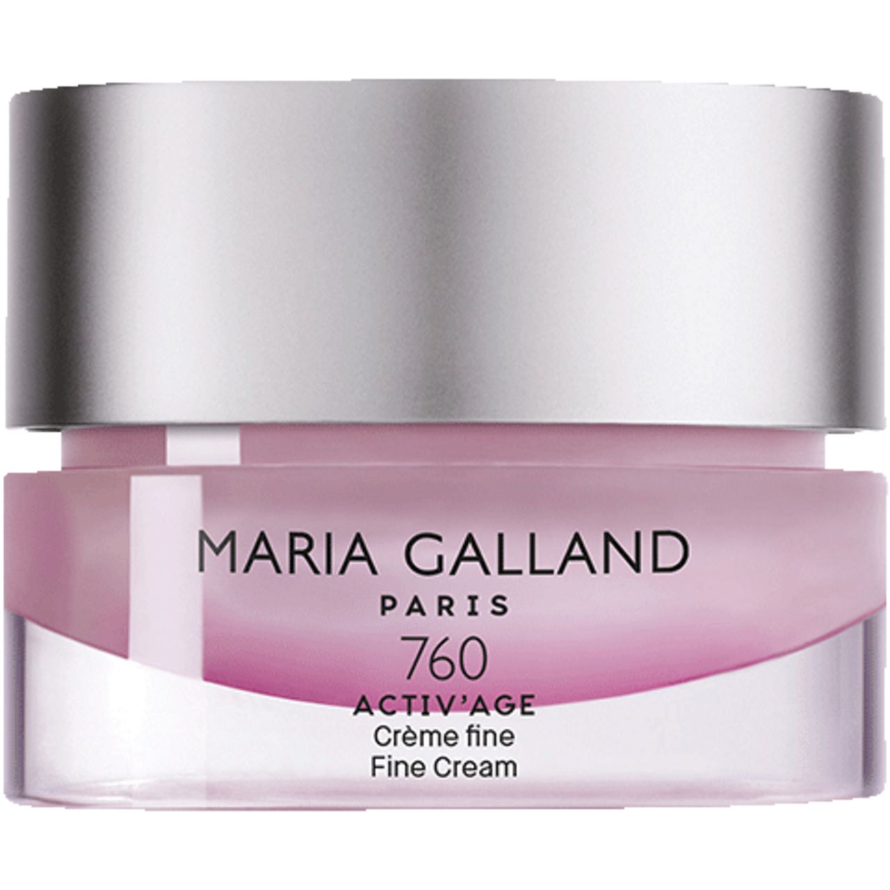 Rosa Creme-Tiegel mit silbernem Deckel. Schriftzug Maria Galland Paris, 760 ACTIV'AGE, Crème fine, Fine Cream.