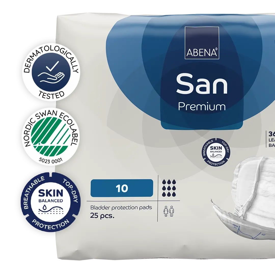Detailansicht der Verpackung ABENA San Premium. Logos: Dermatologisch getestet, Nordic Swan Ecolabel, Skin Protection.