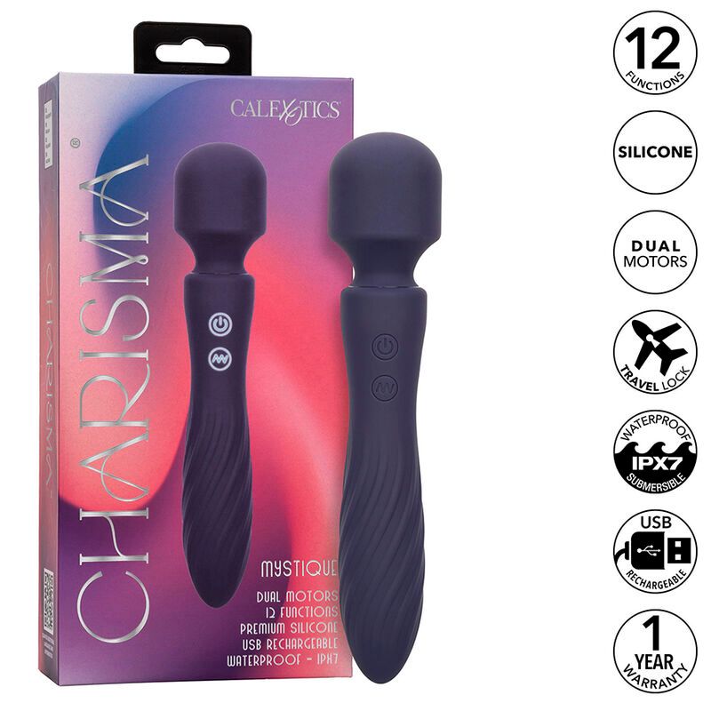 Verpackung mit zwei Vibrationsmassagern. Text: CHARISMA, MYSTIQUE, 12 Funktionen, Silikon, Dual-Motoren, USB, wasserdicht, 1 Jahr Garantie.