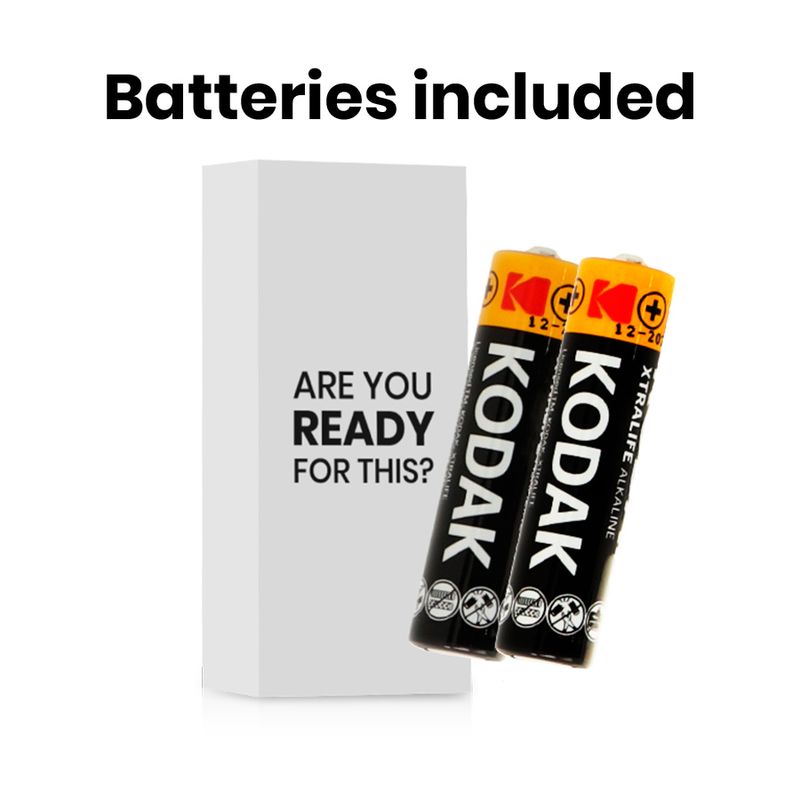 Zwei Kodak-Batterien. Aufschrift: ARE YOU READY FOR THIS? Text auf einer kleinen Box.
