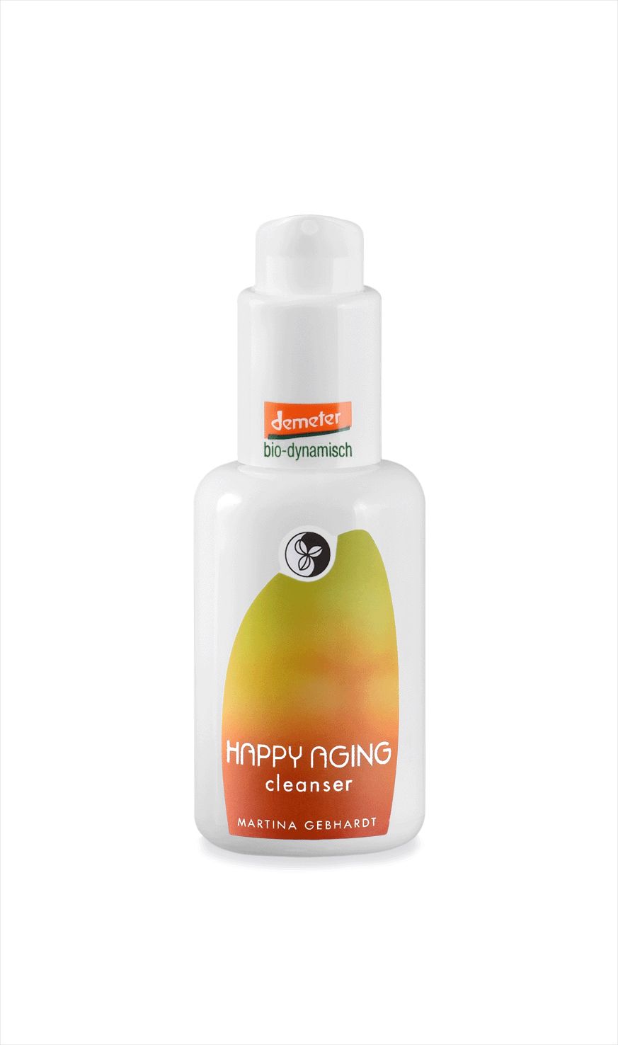 Flacone bianco con dosatore a pompa. Etichetta "HAPPY AGING cleanser" e "Martina Gebhardt". Sigillo Demeter.