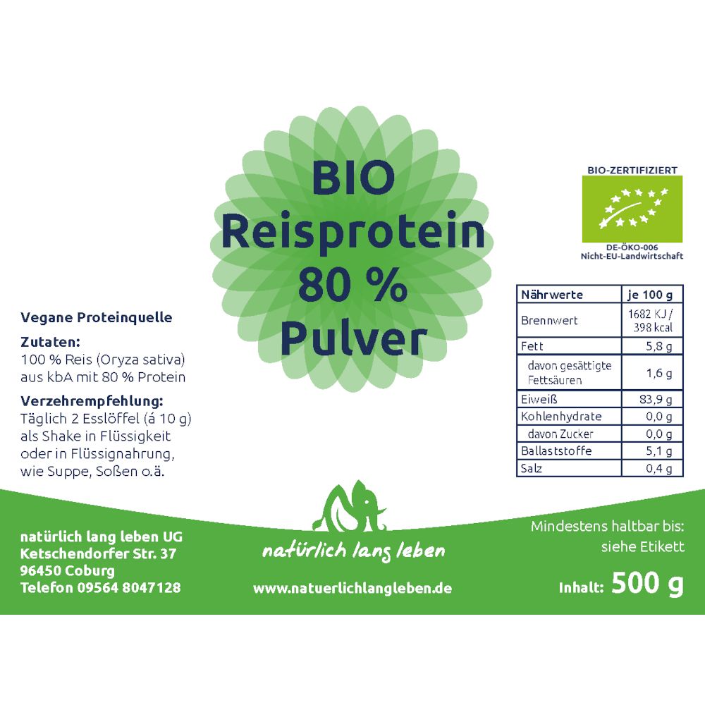 natürlich lang leben BIO Reisprotein Pulver 500 g