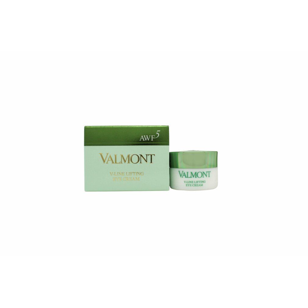 Valmont v-Line Lifting Eye Cream und Verpackung. Grün-weiße Farben. AWF5-Logo.