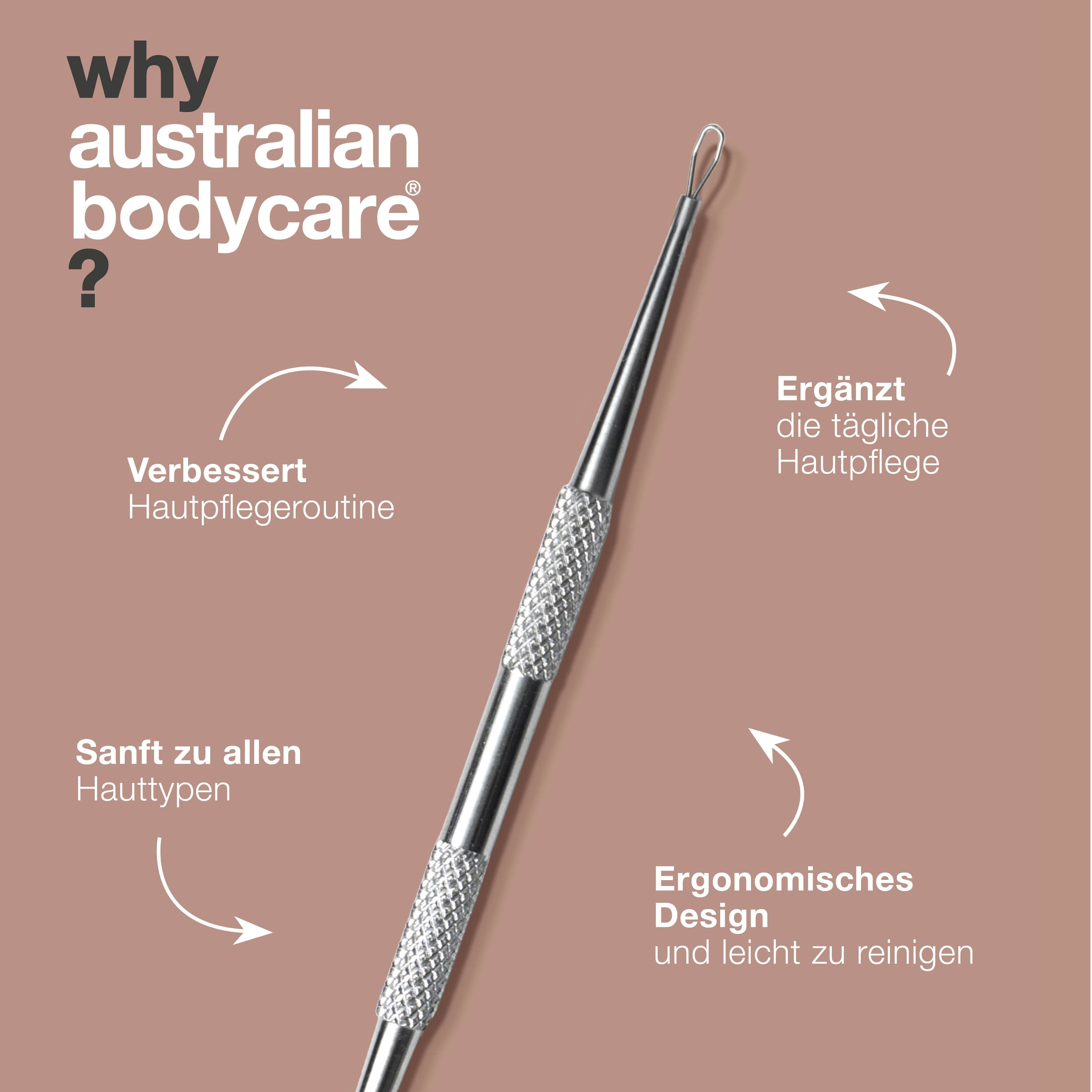 Mitesserentferner aus Edelstahl. Text: Ergonomisches Design, verbessert Hautpflege.