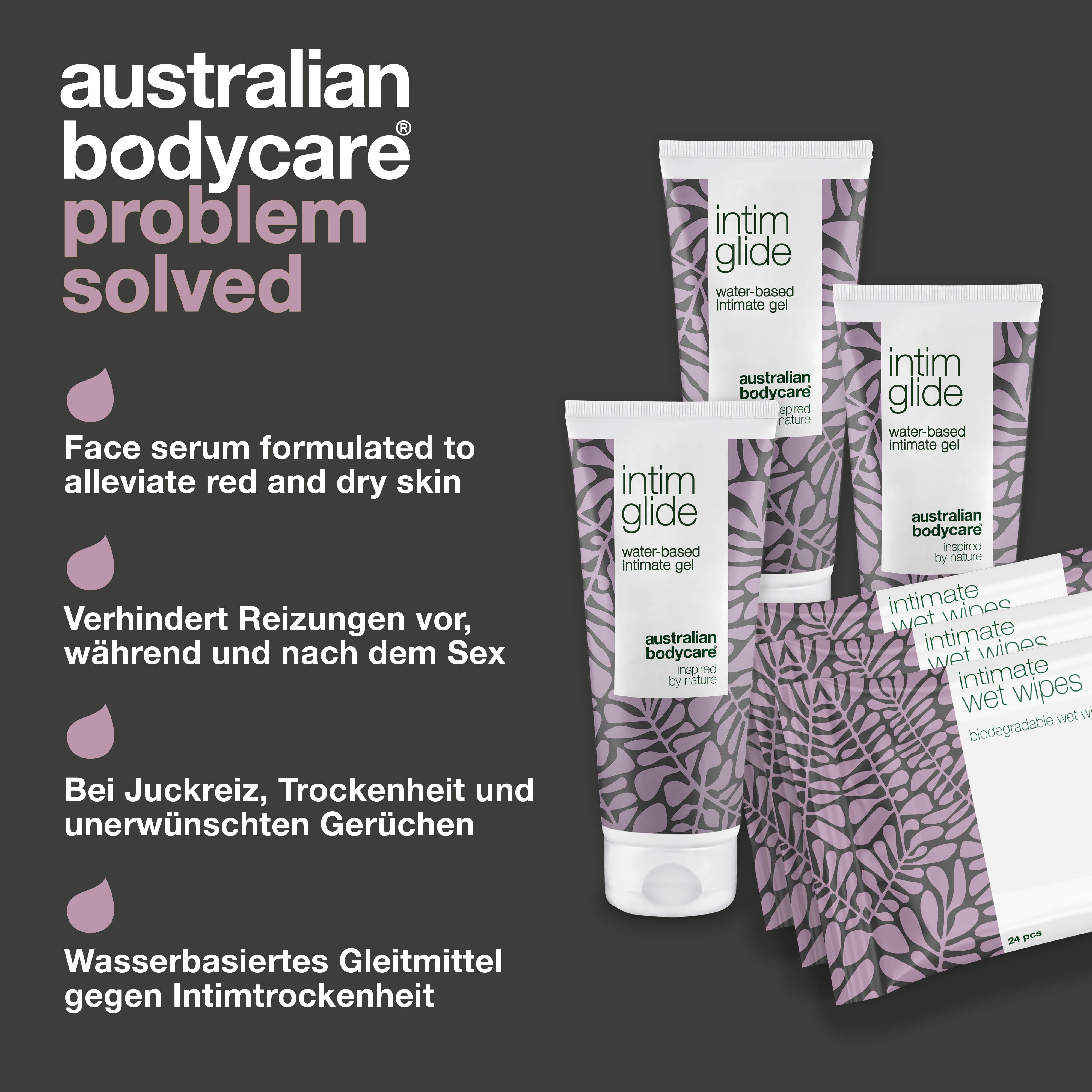 Grafik: Problem gelöst. Intim-Gel und Feuchttücher. Text: Face Serum, verhindert Reizungen, bei Juckreiz.