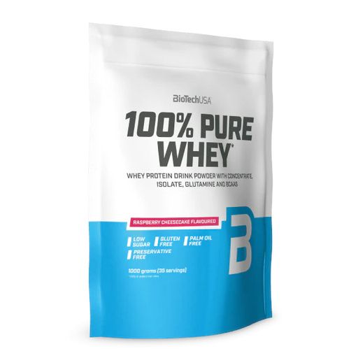 Beutel mit BioTechUSA 100% Pure Whey. Aufschrift: Himbeer-Käsekuchen-Geschmack. Enthält 1000 g (33 Portionen). Frei von Zucker, Gluten und Palmöl.