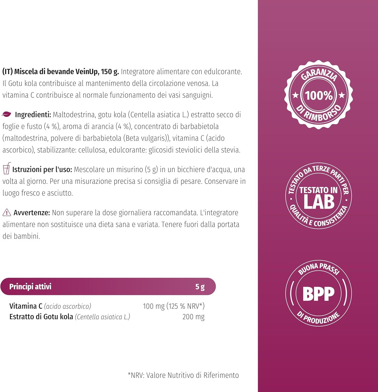 Text auf weißem Hintergrund. Produktinformationen, Inhaltsstoffe, Anwendungshinweise, Warnhinweise. Garantie-Siegel.