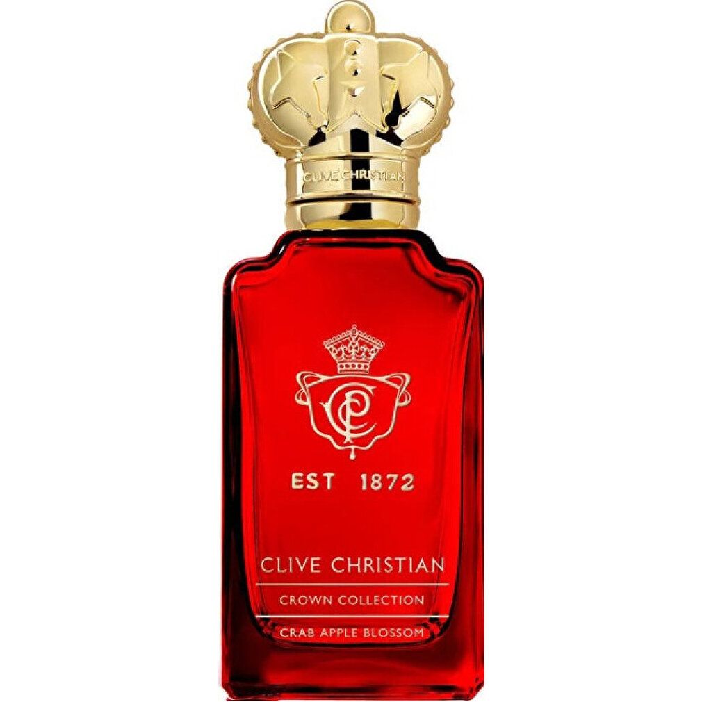 Rote Glasflasche mit goldener Krone. Aufschrift: Clive Christian, Crown Collection, Crab Apple Blossom, Est. 1872.