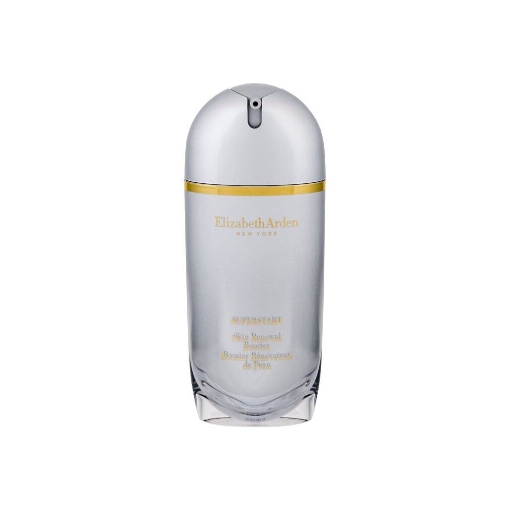 Silberfarbene Flasche mit goldenen Akzenten. Aufschrift: Elizabeth Arden, Superstart, Skin Renewal Booster, Booster Réformateur de Peau. Mit Pumpe.