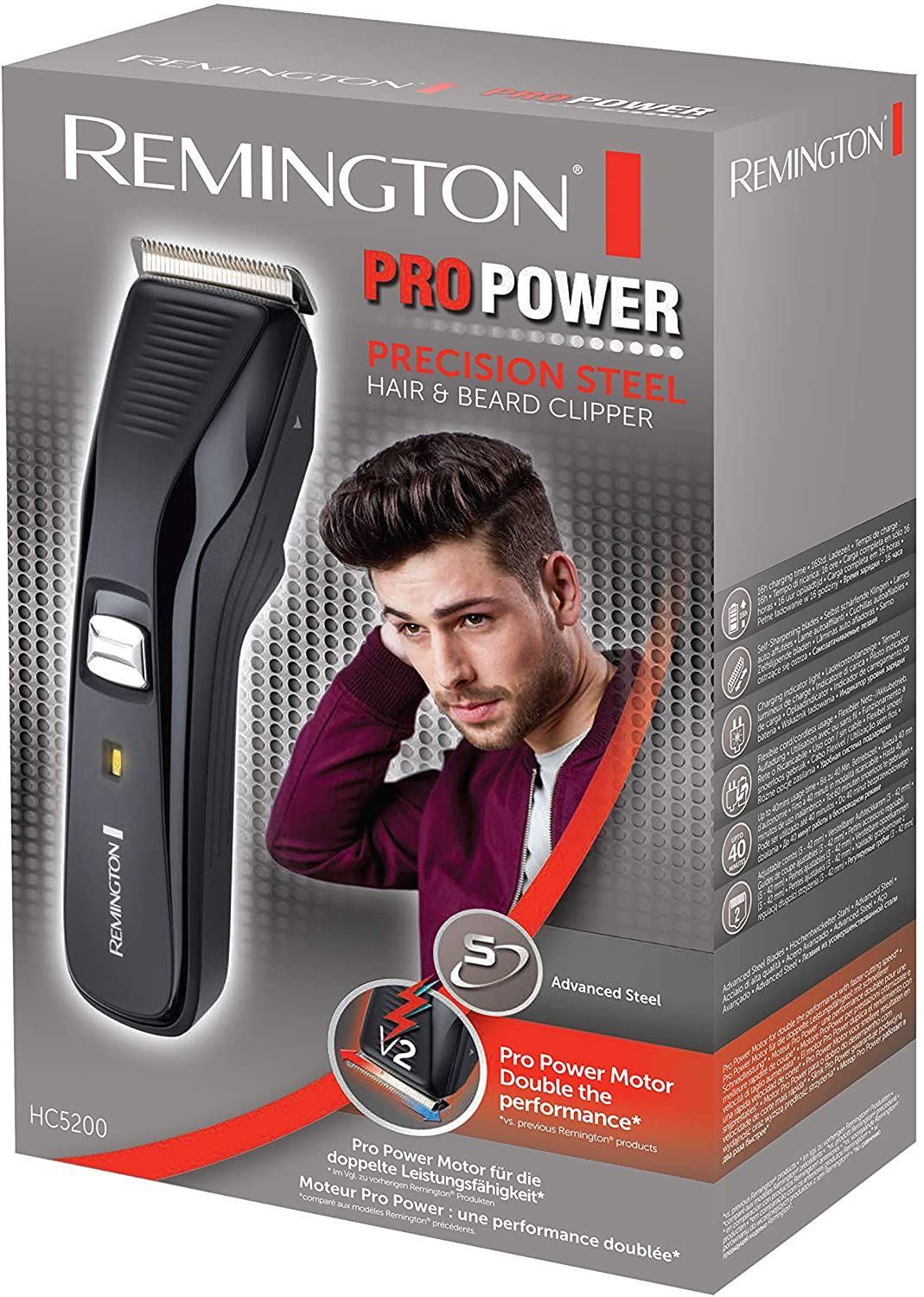 Verpackung für einen Haarschneider. Produktname: PRO POWER. Marke: Remington. Mit Abbildung eines Mannes.