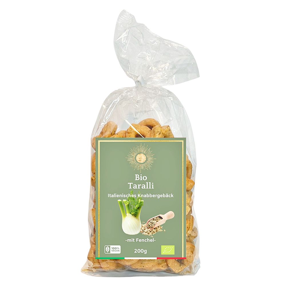 Transparente Tüte mit Bio Taralli, italienischem Knabbergebäck mit Fenchel. Grüne Etikett mit Produktinformationen und Fenchel-Illustration.
