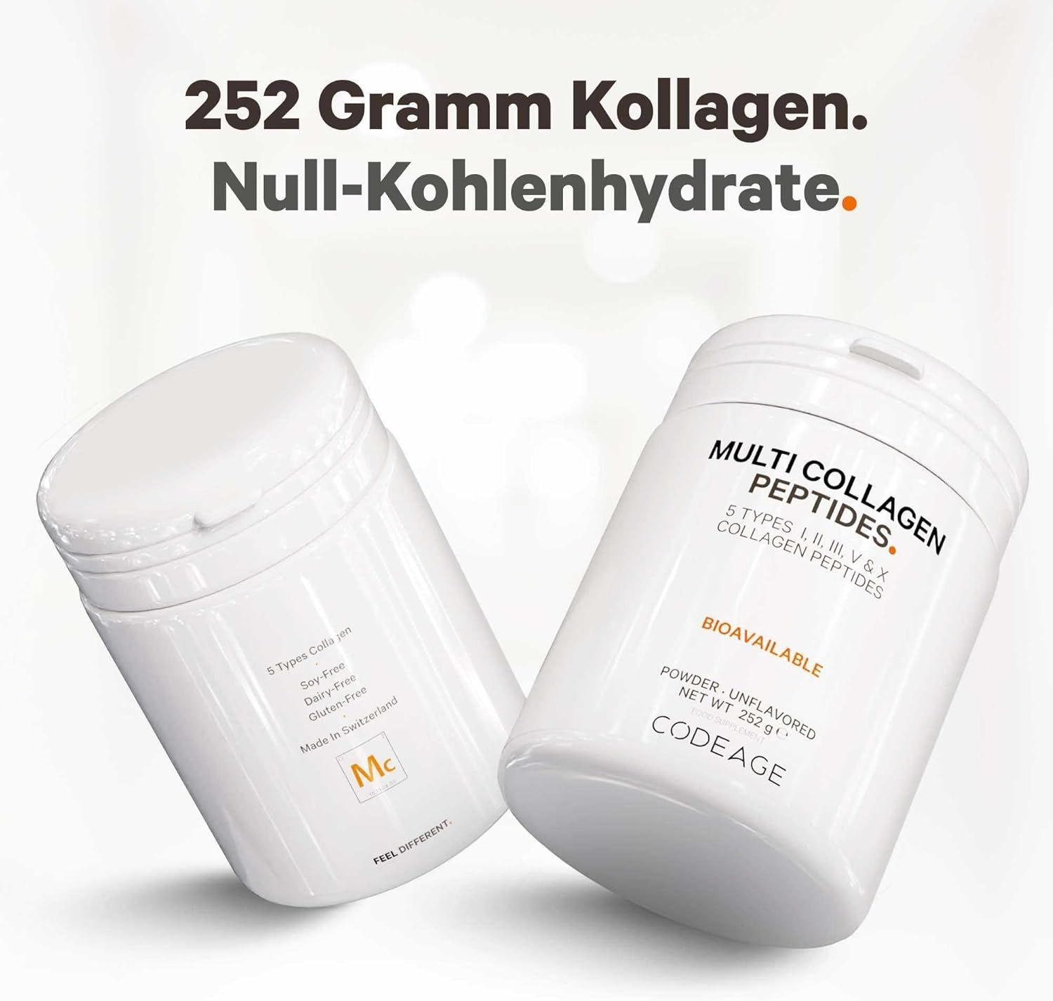 Zwei weiße Pulverbehälter mit Aufschrift 'Multi Collagen Peptides'. Enthält 5 Kollagentypen. Marke: Codeage.