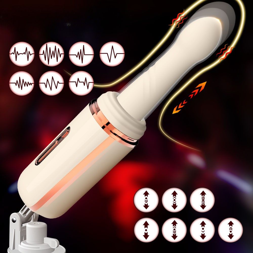 Beigefarbener Vibrator mit goldfarbenen Akzenten, mit Bewegungspfeilen und Wellenlinien.