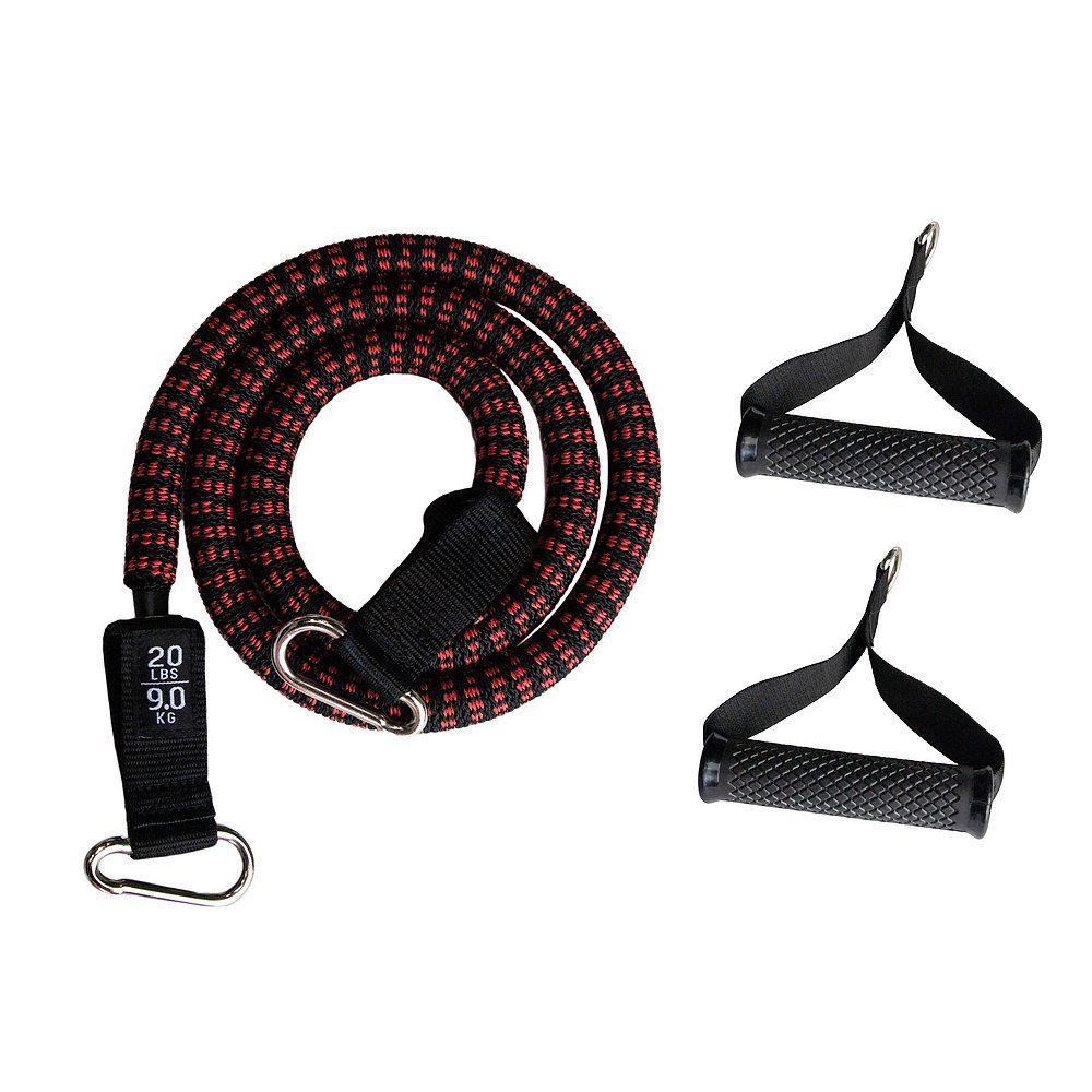 Fitness-Tube mit Griffen. Rot-schwarz. Mit Karabinerhaken und Gewichtsanzeige: 20 lbs/9.0 kg. Zwei schwarze Griffe.