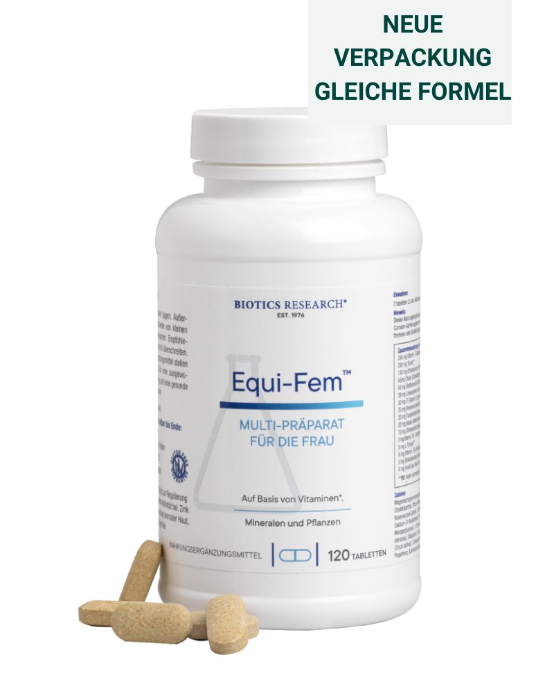 Weiße Flasche mit Tabletten. Aufschrift: BIOTICS RESEARCH, Equi-Fem, Multi-Präparat für die Frau. 120 Tabletten. Neue Verpackung, gleiche Formel.