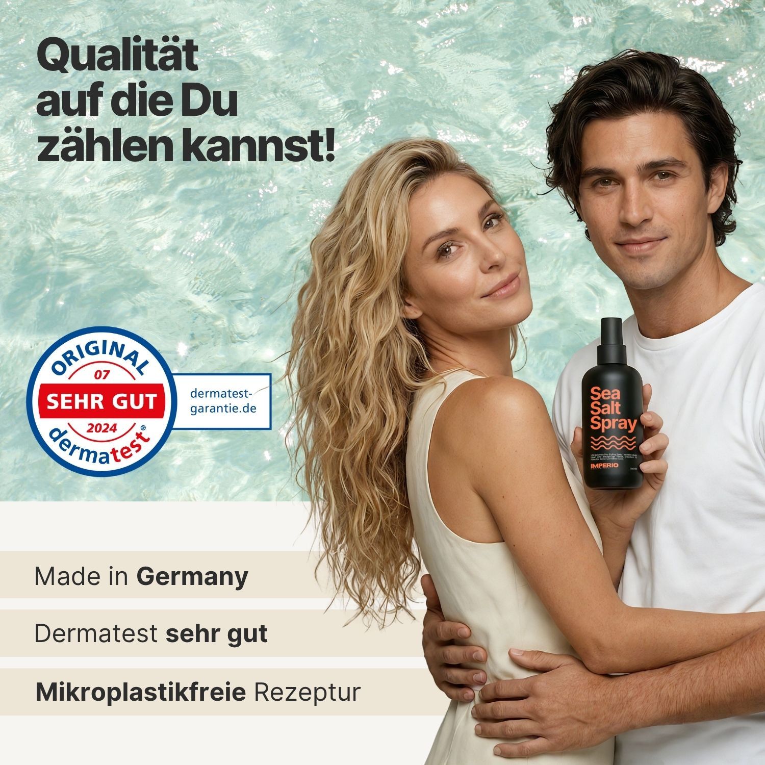 Paar mit IMPERIO Sea Salt Spray, "Dermatest sehr gut" Siegel.