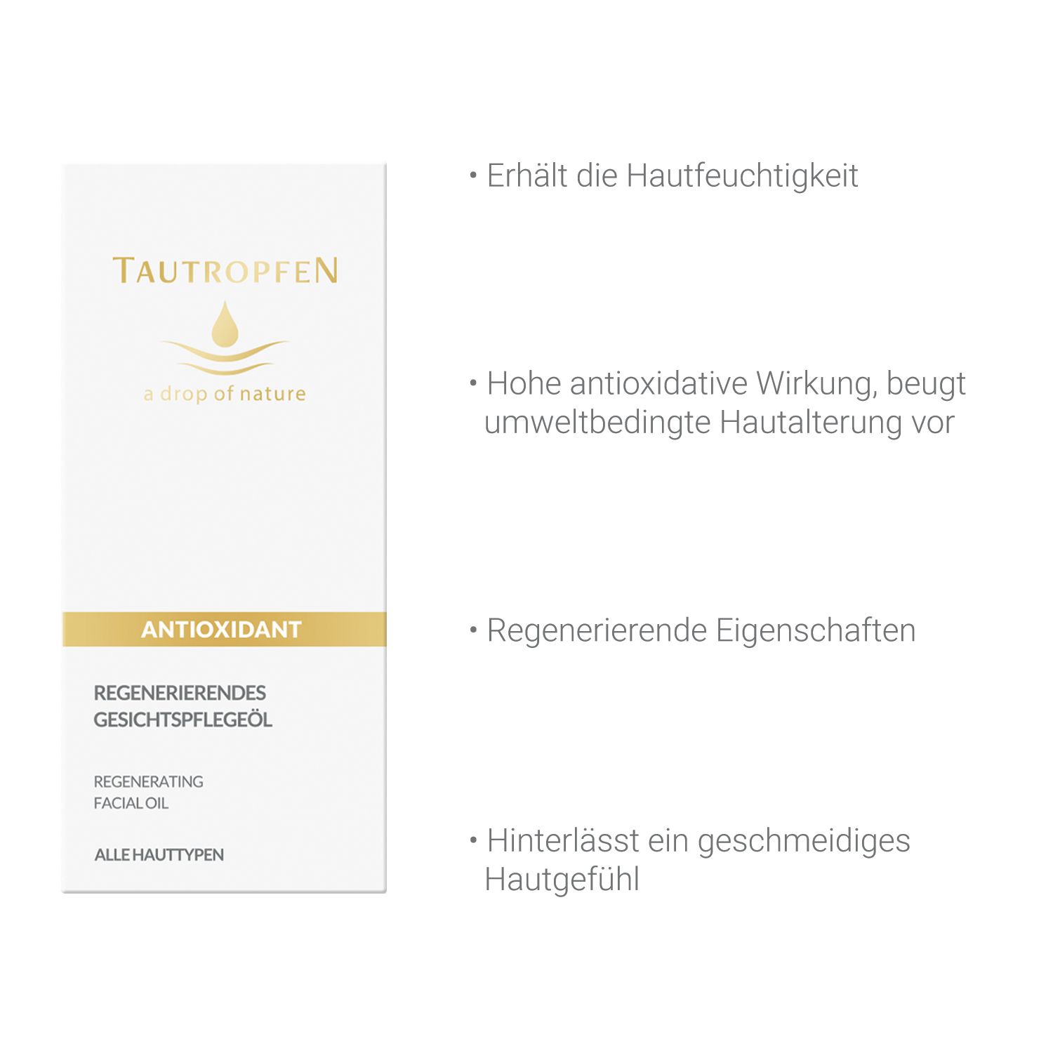 Weiße Verpackung mit Logo und Produktbezeichnung: Regenerierendes Gesichtspflegeöl. Text: Antioxidant, für alle Hauttypen.